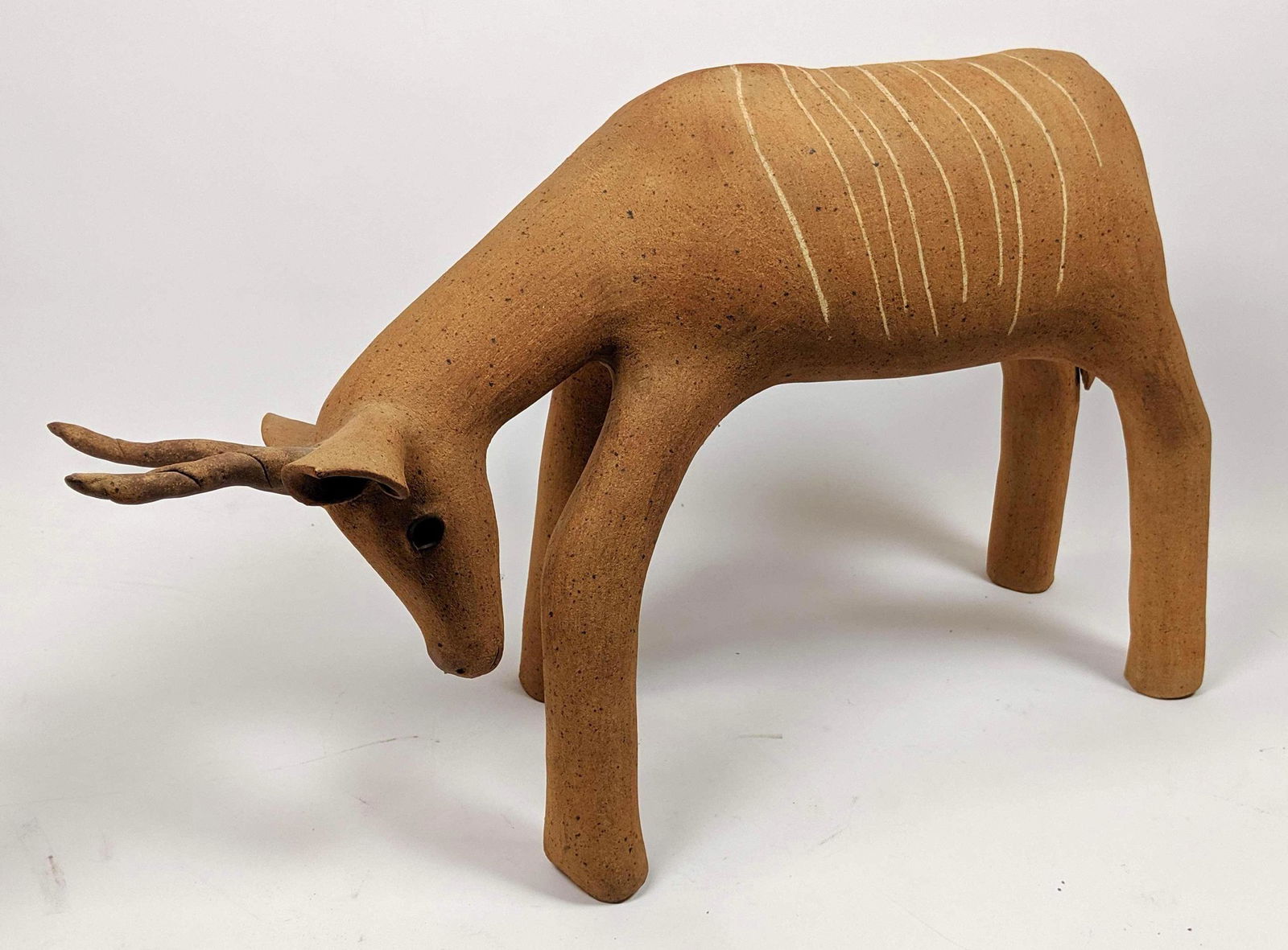 Terracotta Pottery Figural Deer Sculpture. Initial Sign (1 of 8)