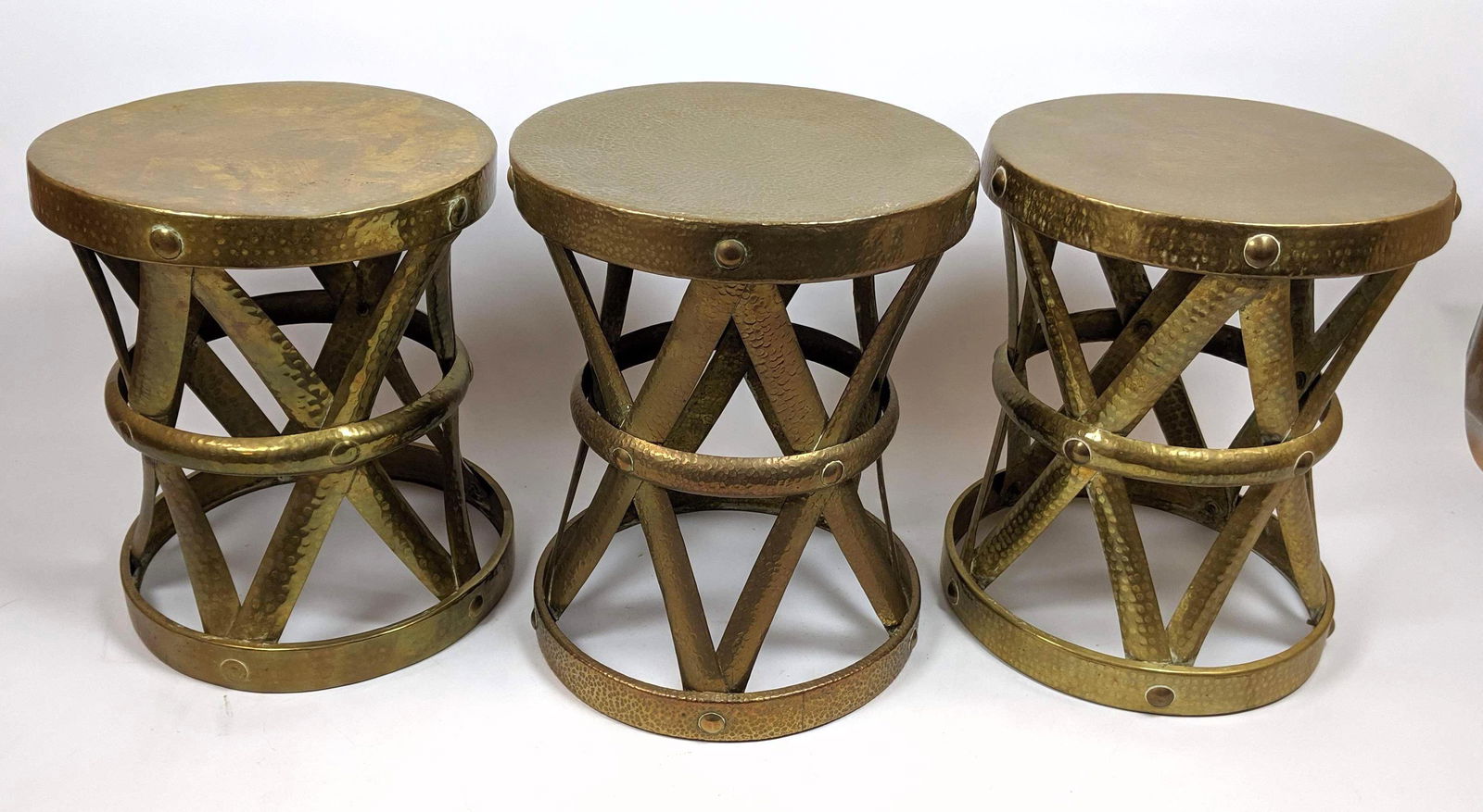 Set 3 SARREID style Brass Corseted Stools Side Tables. (1 of 9)