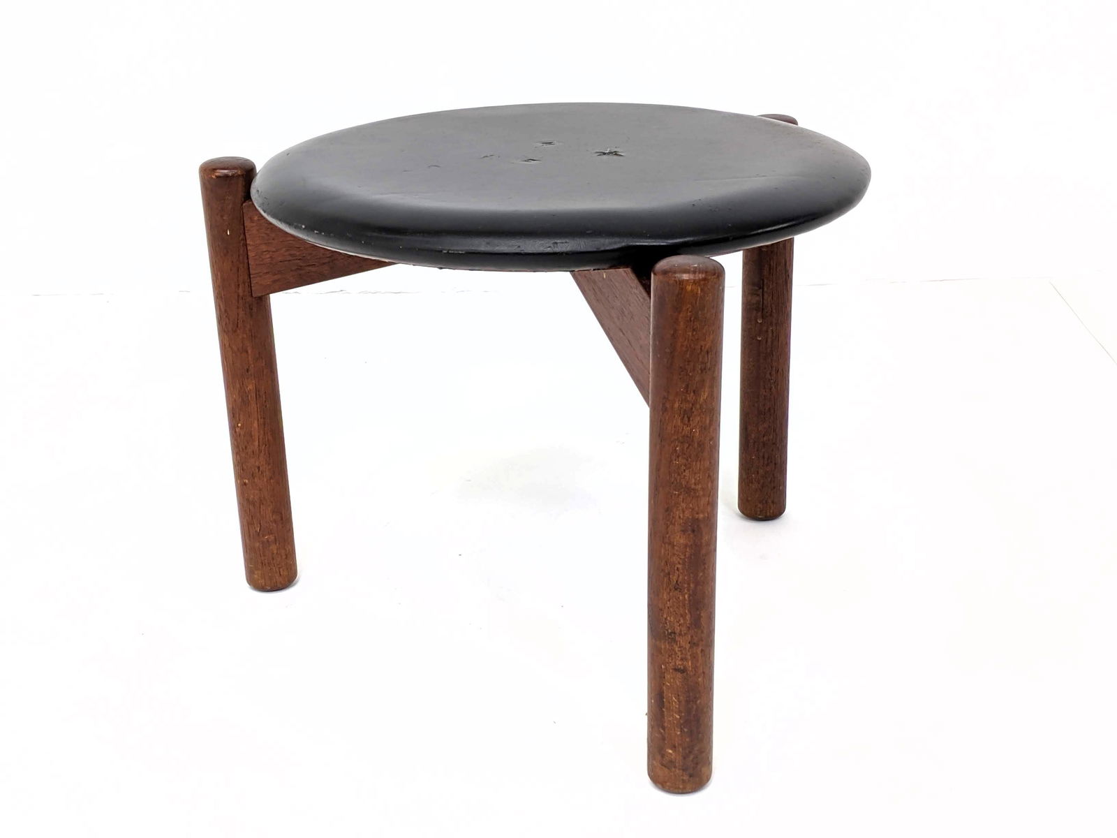 Danish Modern Round Black Vinyl Top Wood Stool. Three c (1 of 9)
