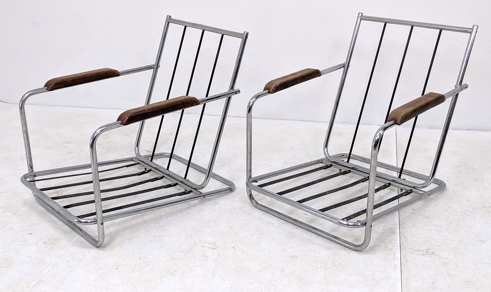 Pr HOWELL Low Lounge Chairs with No Cushions.: Pr HOWELL Low Lounge Chairs with No Cushions. -- Dimensions: H: 28 inches: W: 25 inches: D: 32 inches ---