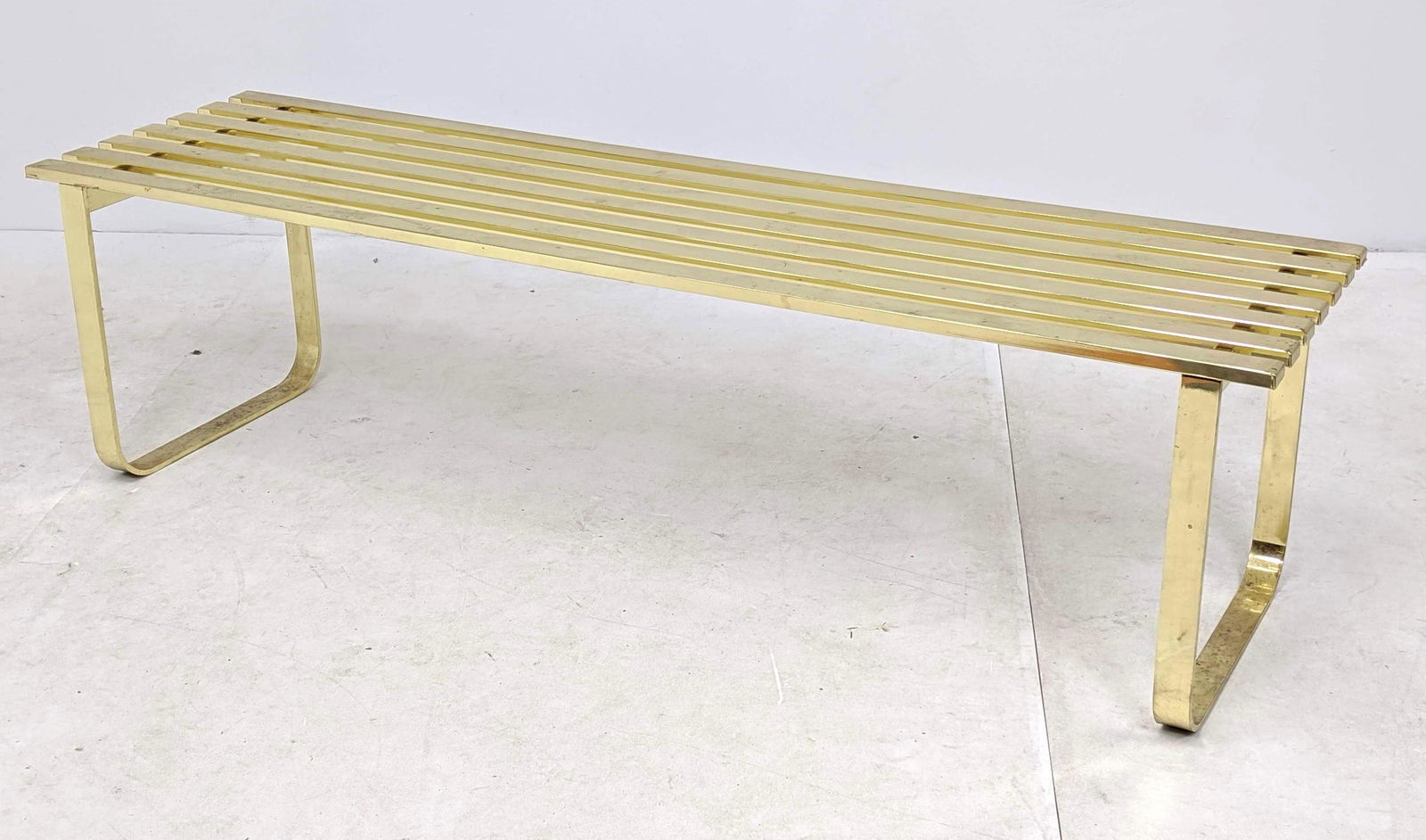 MILO BAUGHMAN DIA Brass Slat Bench. Labeled DESIGN INST (1 of 7)