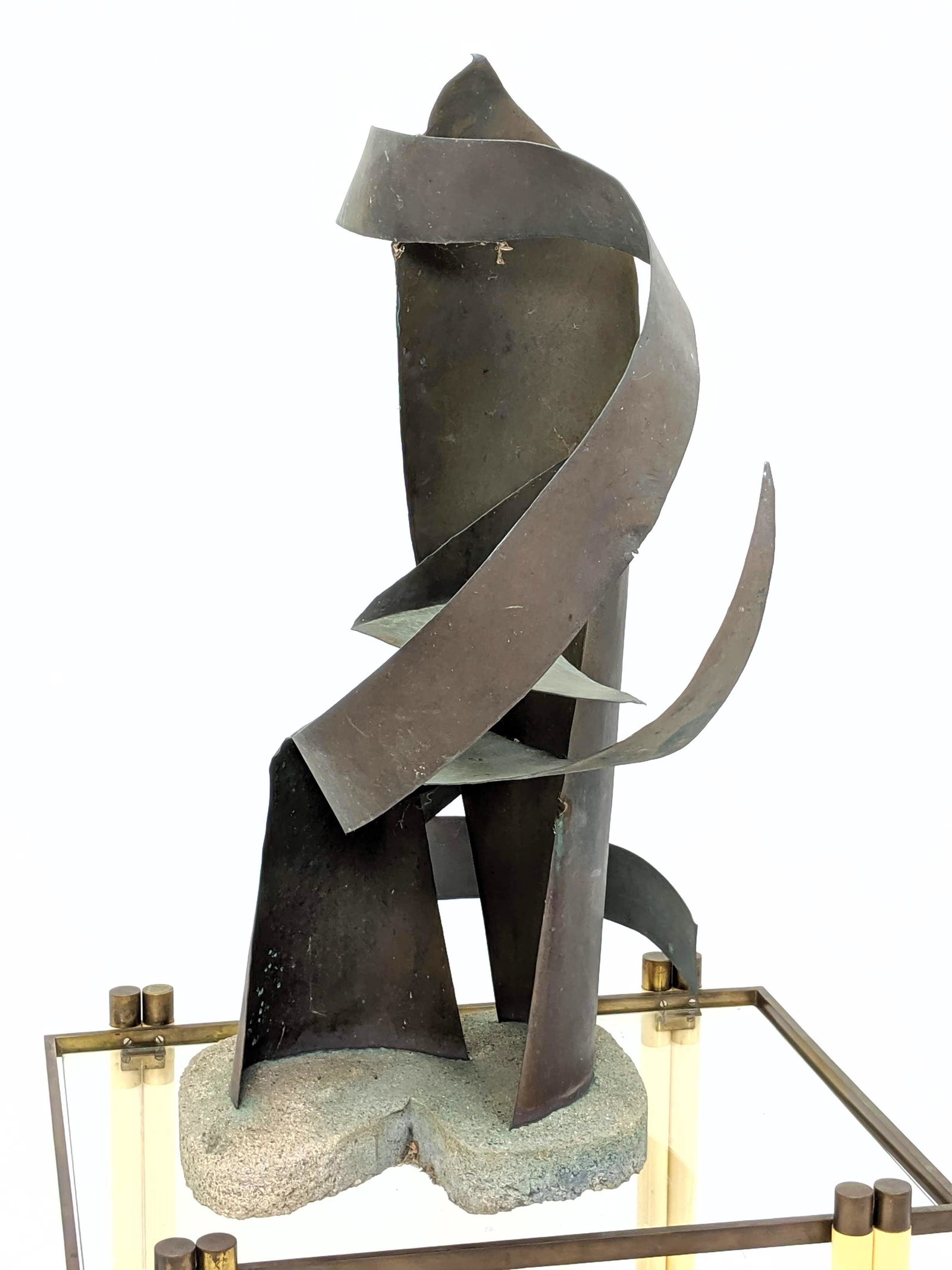 Modernist Ribbon Form Copper Sculpture on Concrete Base (1 of 7)