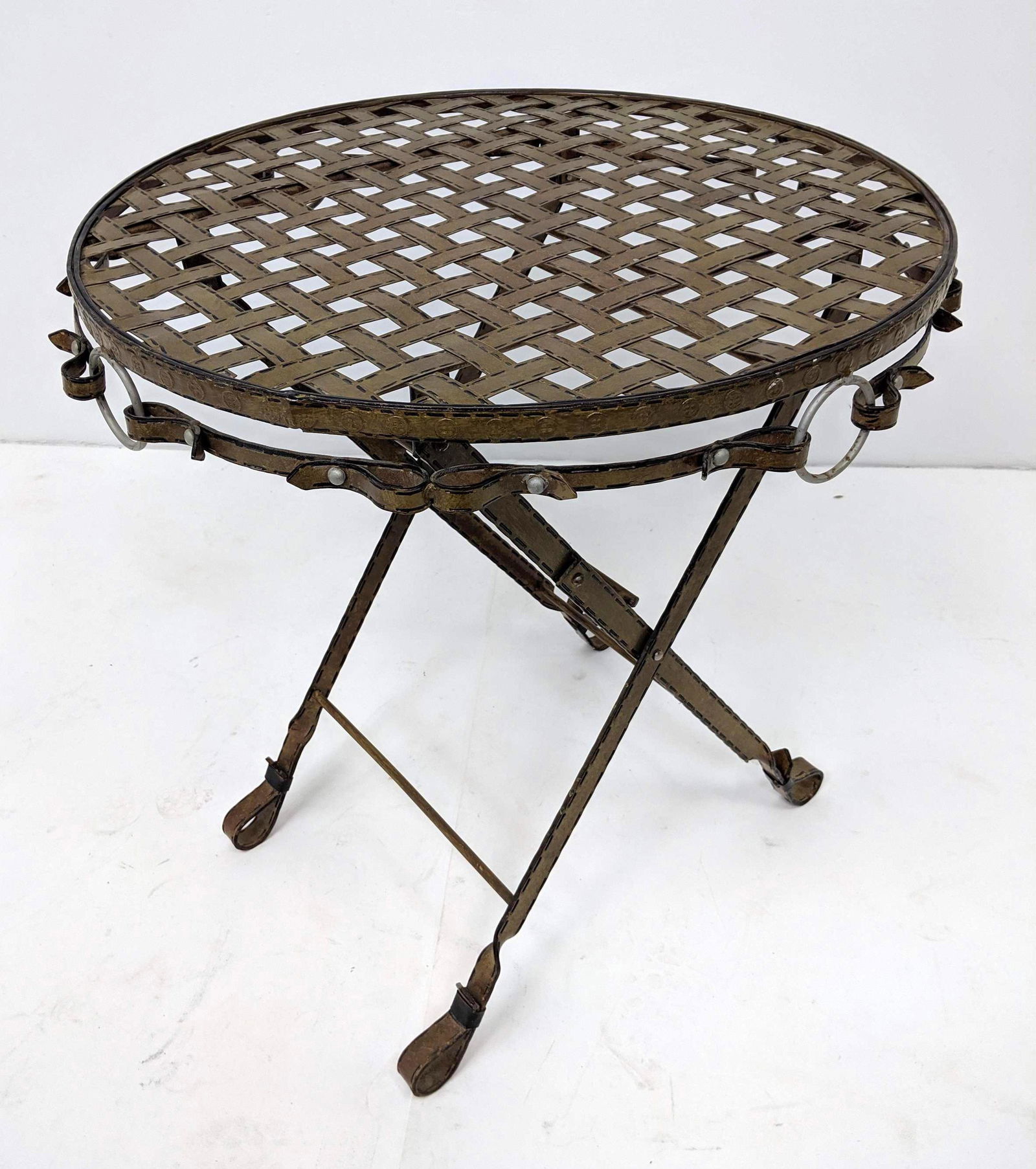 Painted Iron Folding Cafe Table. Leather strap design. (1 of 5)