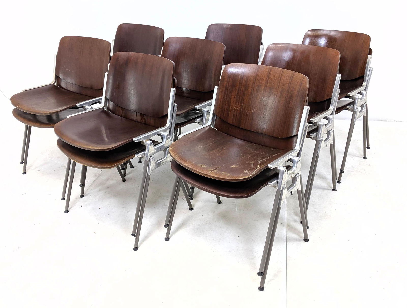 16 CASTELLI Molded Walnut & Aluminum Stacking Chairs. S (1 of 14)