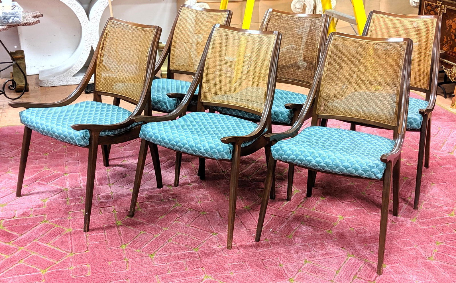 Set 6 Low Sloped Arm Dining Chairs. Nice form. Severa: Set 6 Low Sloped Arm Dining Chairs. Nice form. Several caned backs are broken at seams. -- Dimensions: H: 34 inches: W: 20 inches: D: 24 inches ---