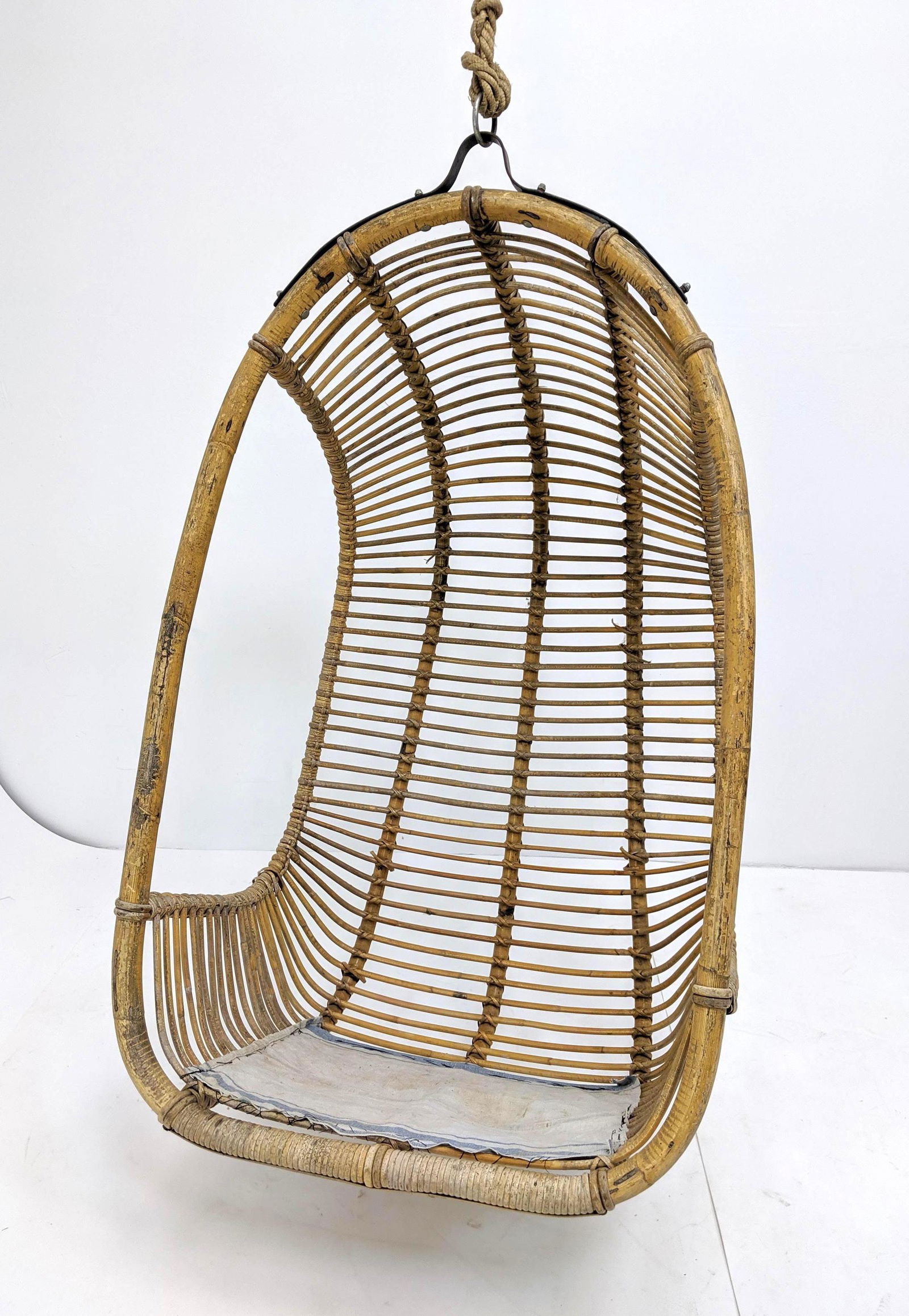 Mid Century Modern Hanging Rattan Chair. Hangs from rop (1 of 10)