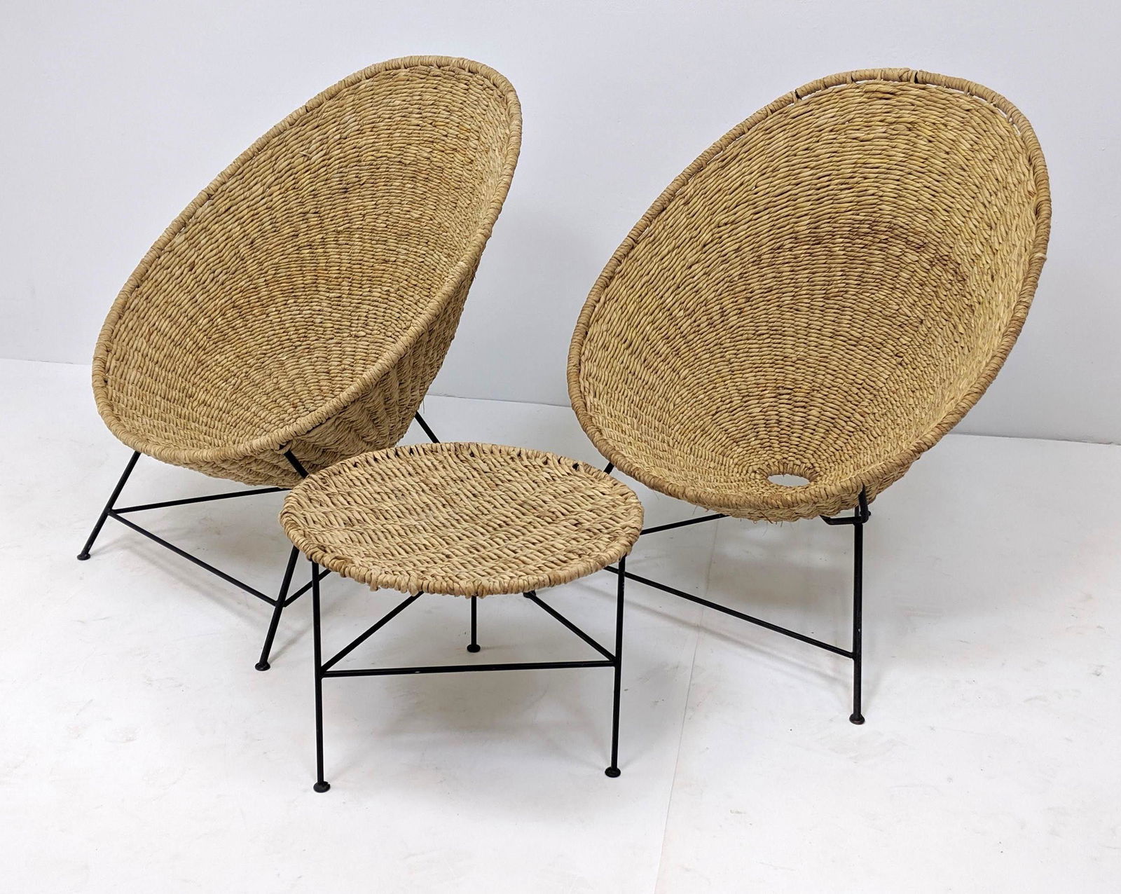 3pc Modernist Woven Rush Iron Hoop Chairs Side Table. B (1 of 12)