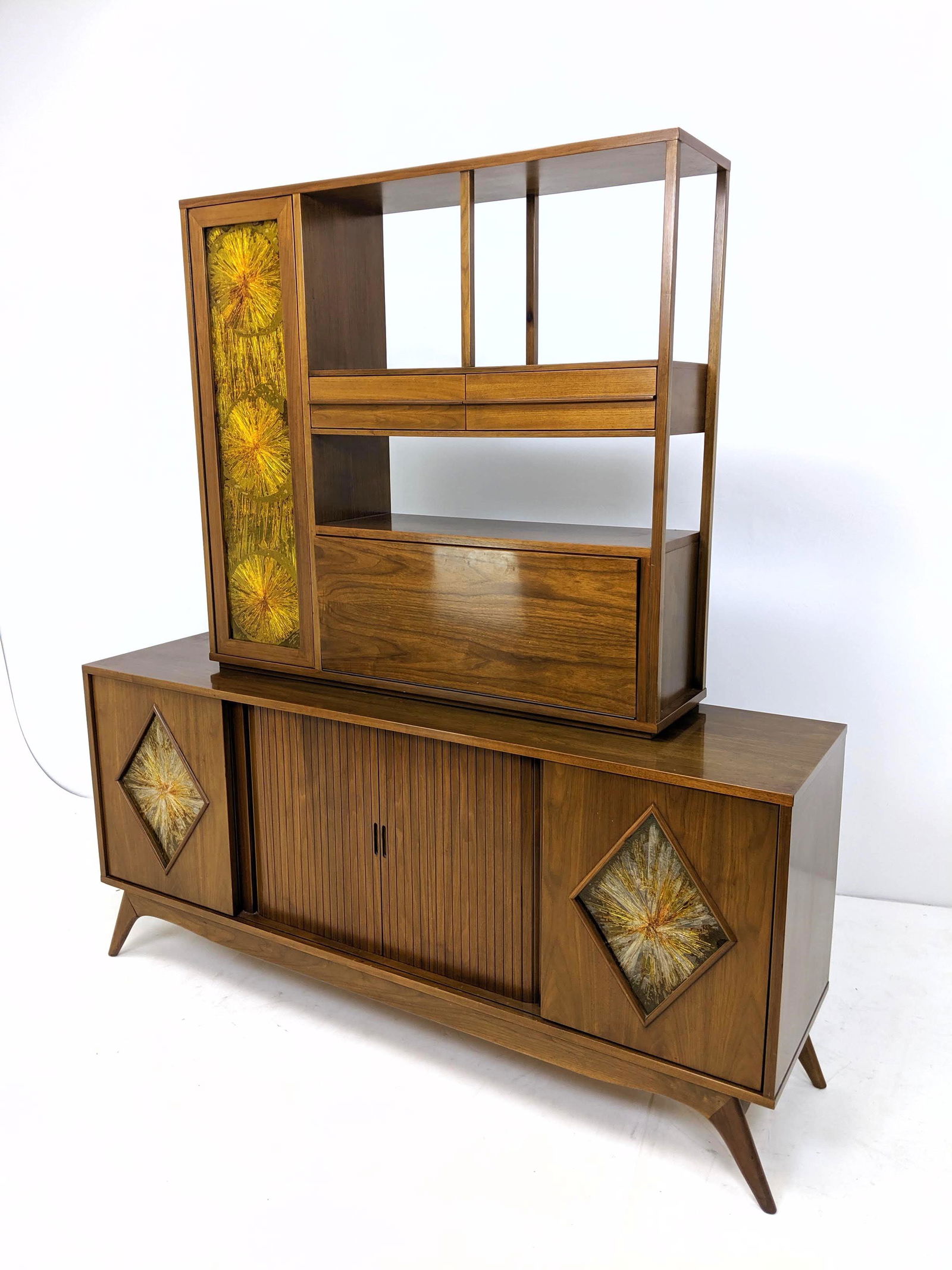 2pc American Modern Walnut Fuzed Panel Credenza Hutch. (1 of 10)