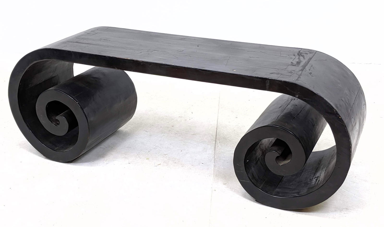 Decorator Ebonized Wood Scroll Form Coffee Table Bench. (1 of 8)