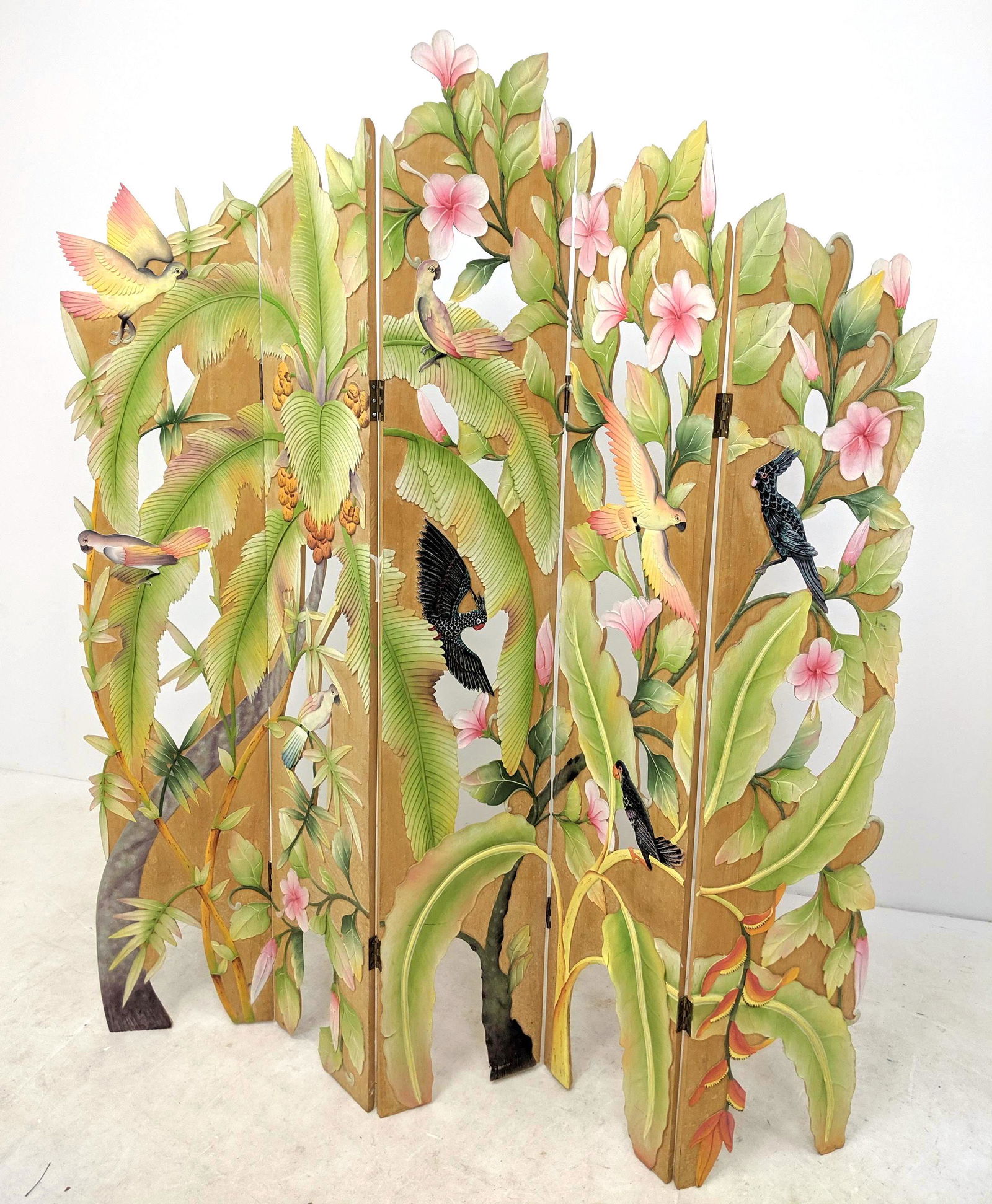 Decorator Carved Wood Folding Screen With Tropical Bird (1 of 9)