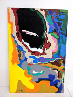 Colorful Abstract Oil on Canvas. Vibrant topographic-li: Colorful Abstract Oil on Canvas. Vibrant topographic-like elements. Signed illegibly on bottom left. Written RODOLFO NIETO on back stretcher. -- Dimensions: H: 54.36 inches: W: 1.25 inches: D: 34 inch