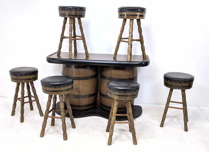7pc Mid Century Barrel Themed Bar Stools Serving Bar.