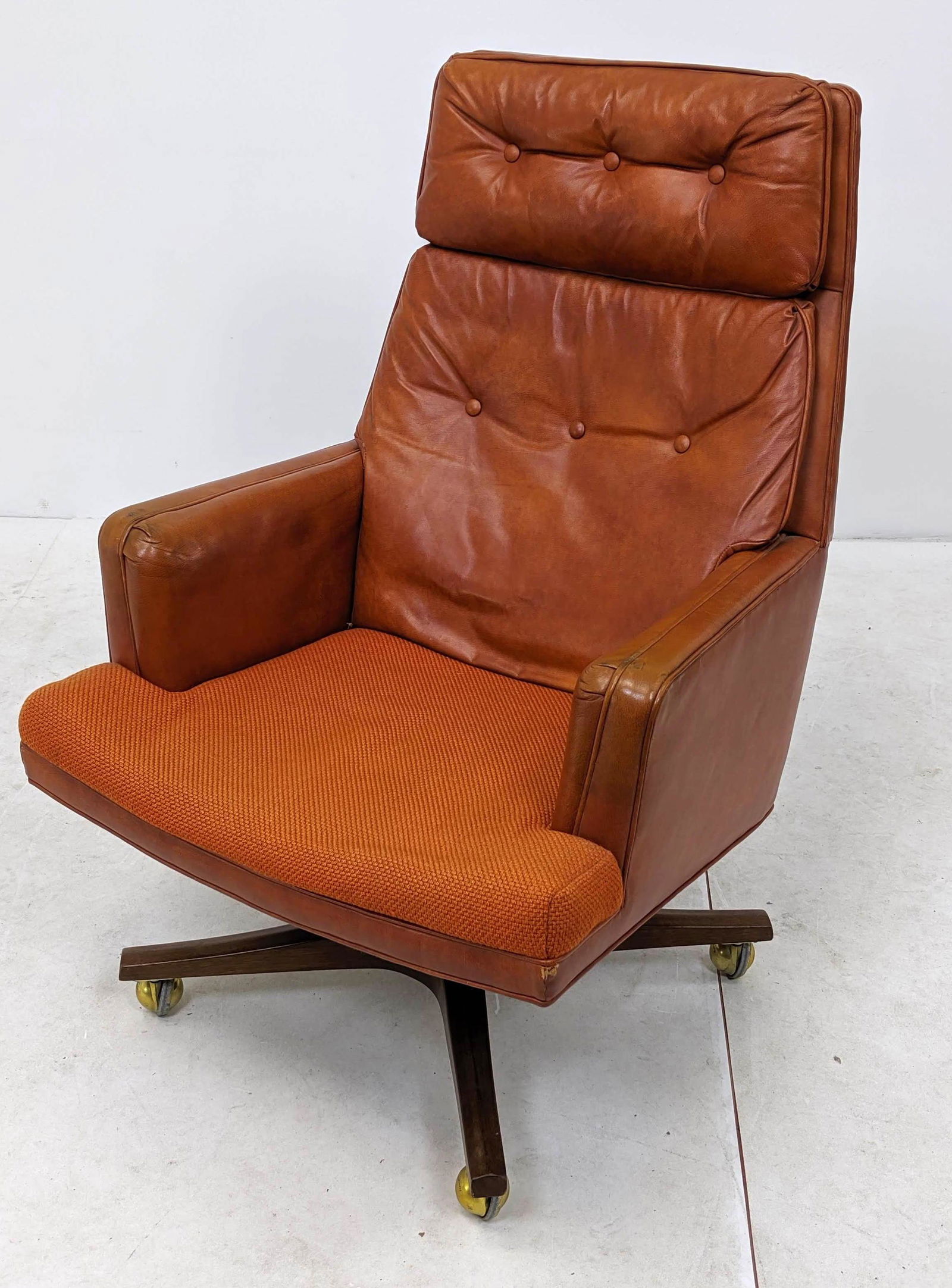 DUNBAR Orange Leather Rolling Desk Chair. Metal tag. (1 of 10)