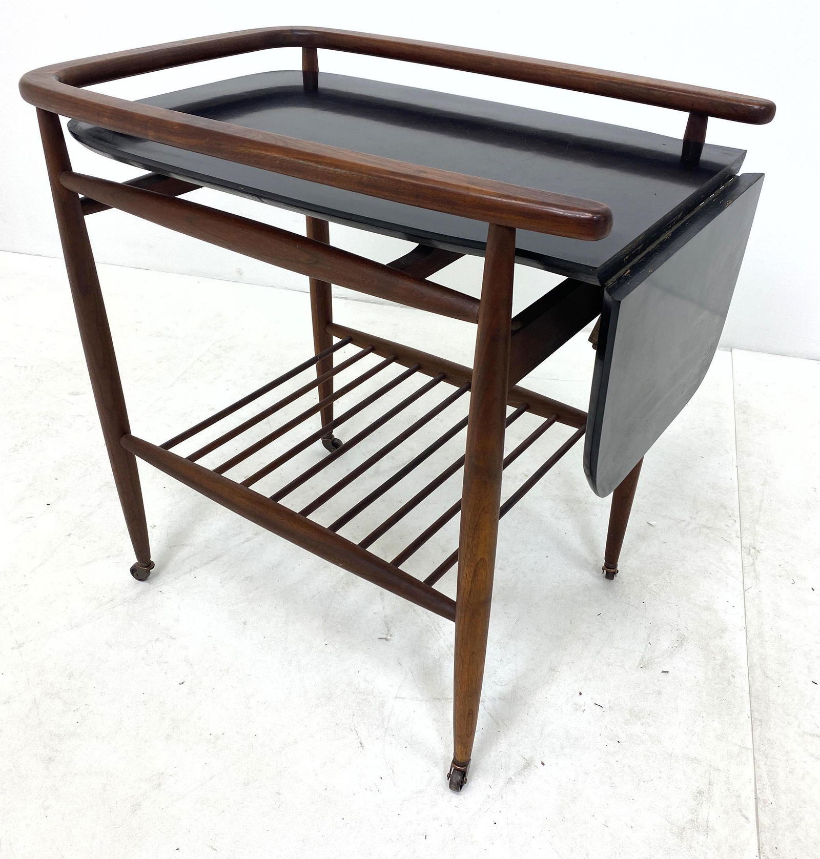 American Modern Walnut Drop Leaf bar Tea Cart. Tapered (1 of 8)