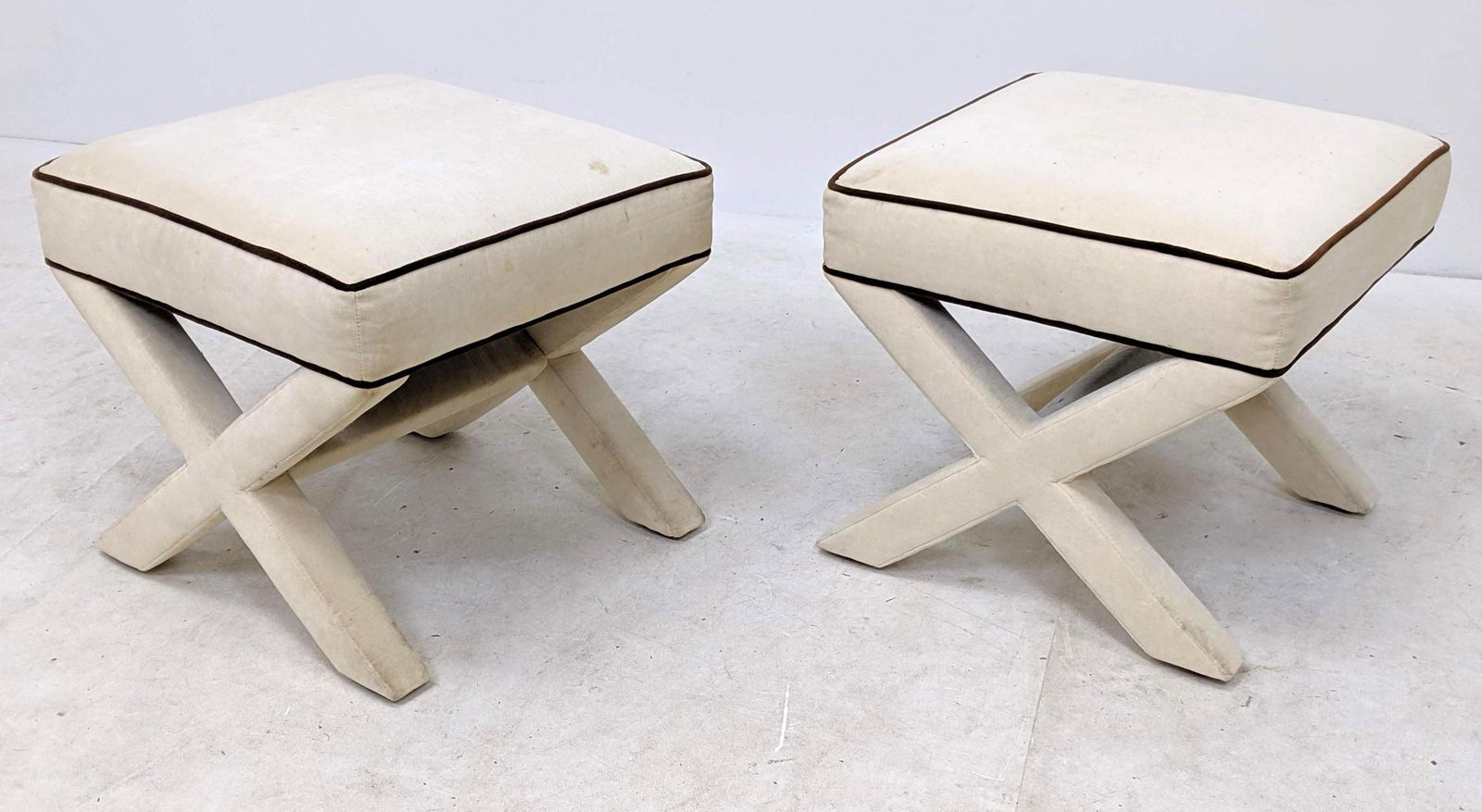 Pr Velvet Upholstered Decorator X Base Ottomans. Off wh (1 of 14)