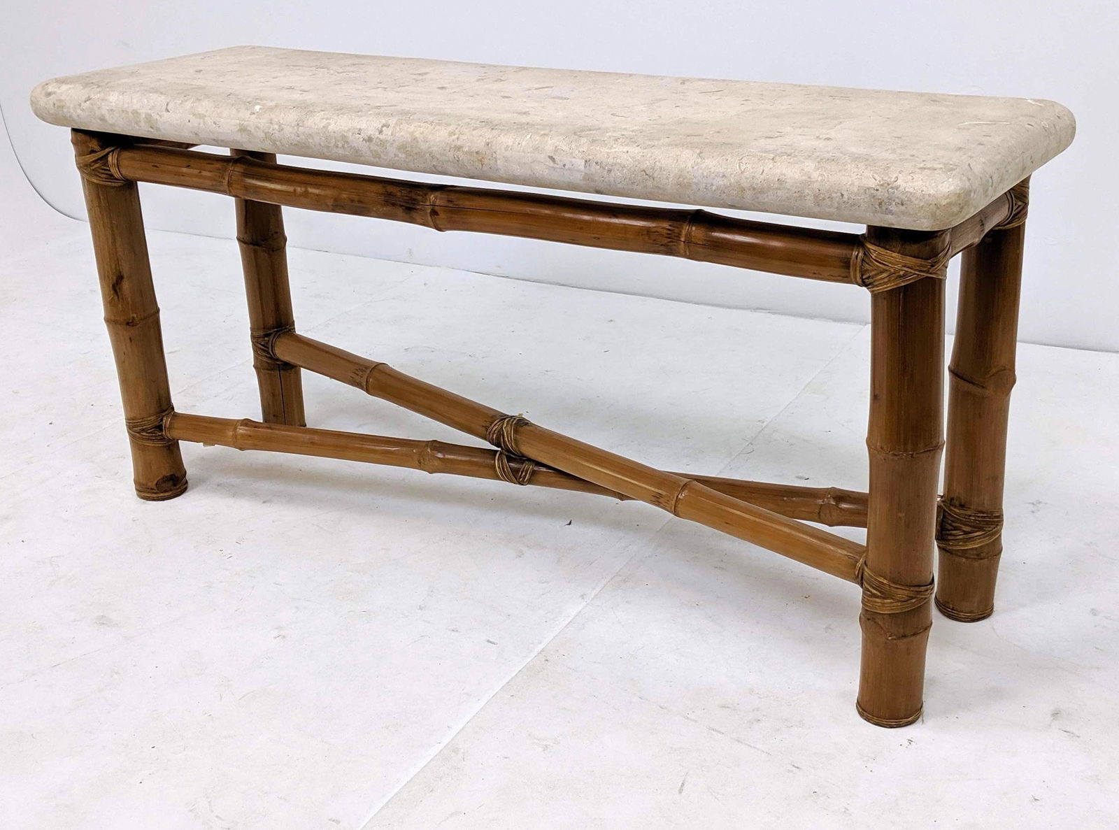 Decorator Travertine Top Bamboo Hall Console Table. (1 of 7)