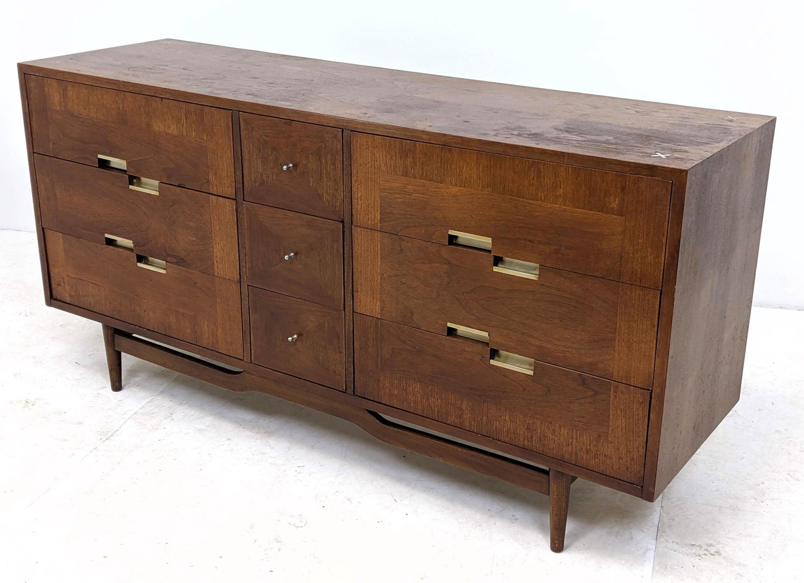 AMERICAN OF MARTINSVILLE Modern Walnut Credenza Sideboa: AMERICAN OF MARTINSVILLE Modern Walnut Credenza Sideboard. Sculptural metal pulls, signature X accents.-- Dimensions: H: 31 inches: W: 62 inches: D: 18.5 inches ---