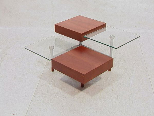 Modern KAISER NEWMAN Cocktail Bilevel Table. Two g: Modern KAISER NEWMAN Cocktail Bilevel Table. Two glass sections; Two wood sections with drawers. Unmarked. Glass - 3/8" Dimensions: H: 18 inches: W: 36.5 inches: D: 37 inches Condition: Good condition