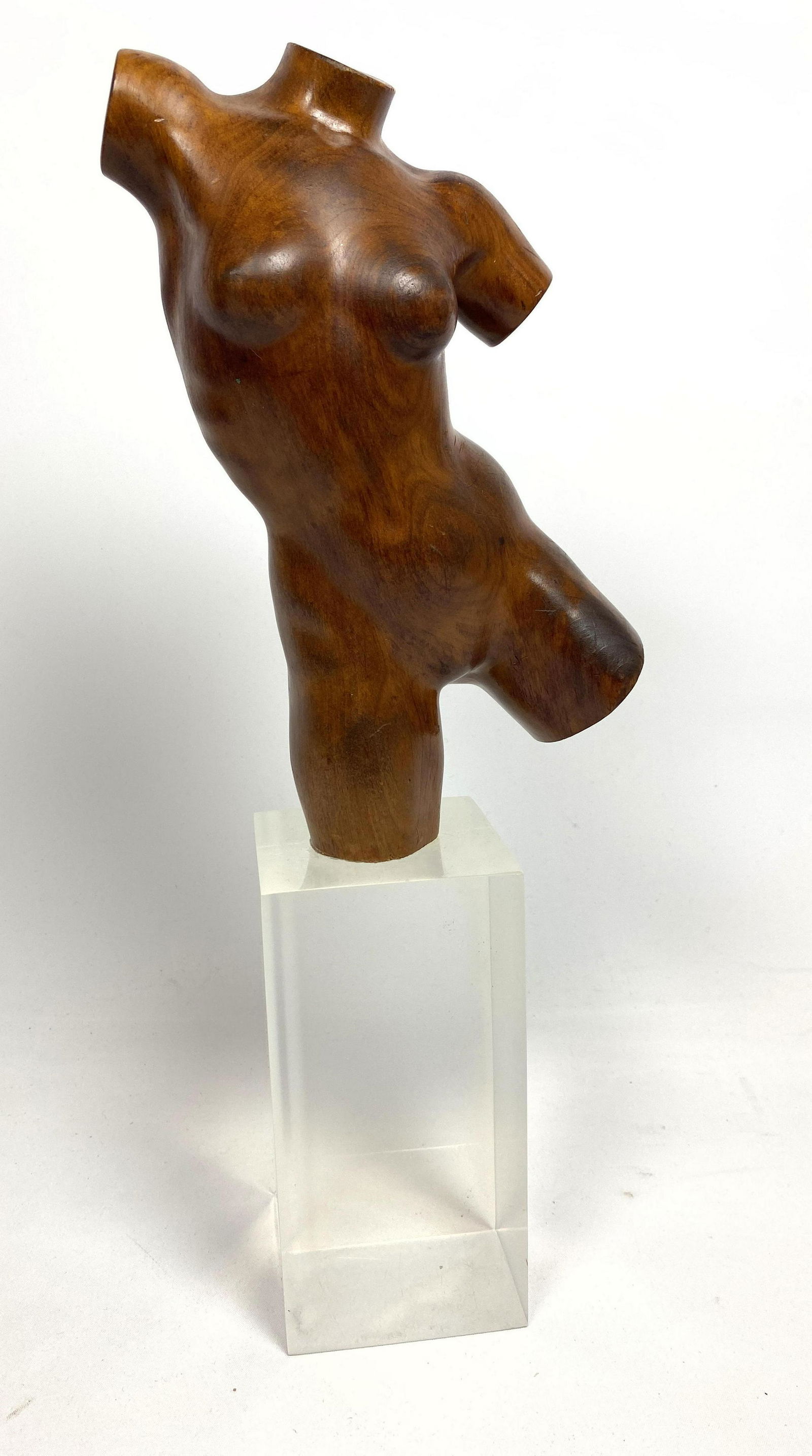 JOHN PORCARO Figural Wood & Lucite Nude Table Sculpture: JOHN PORCARO Figural Wood & Lucite Nude Table Sculpture. Carved wood torso on solid acrylic base.-- Dimensions: H: 15.5 inches: W: 3 inches: D: 3 inches ---