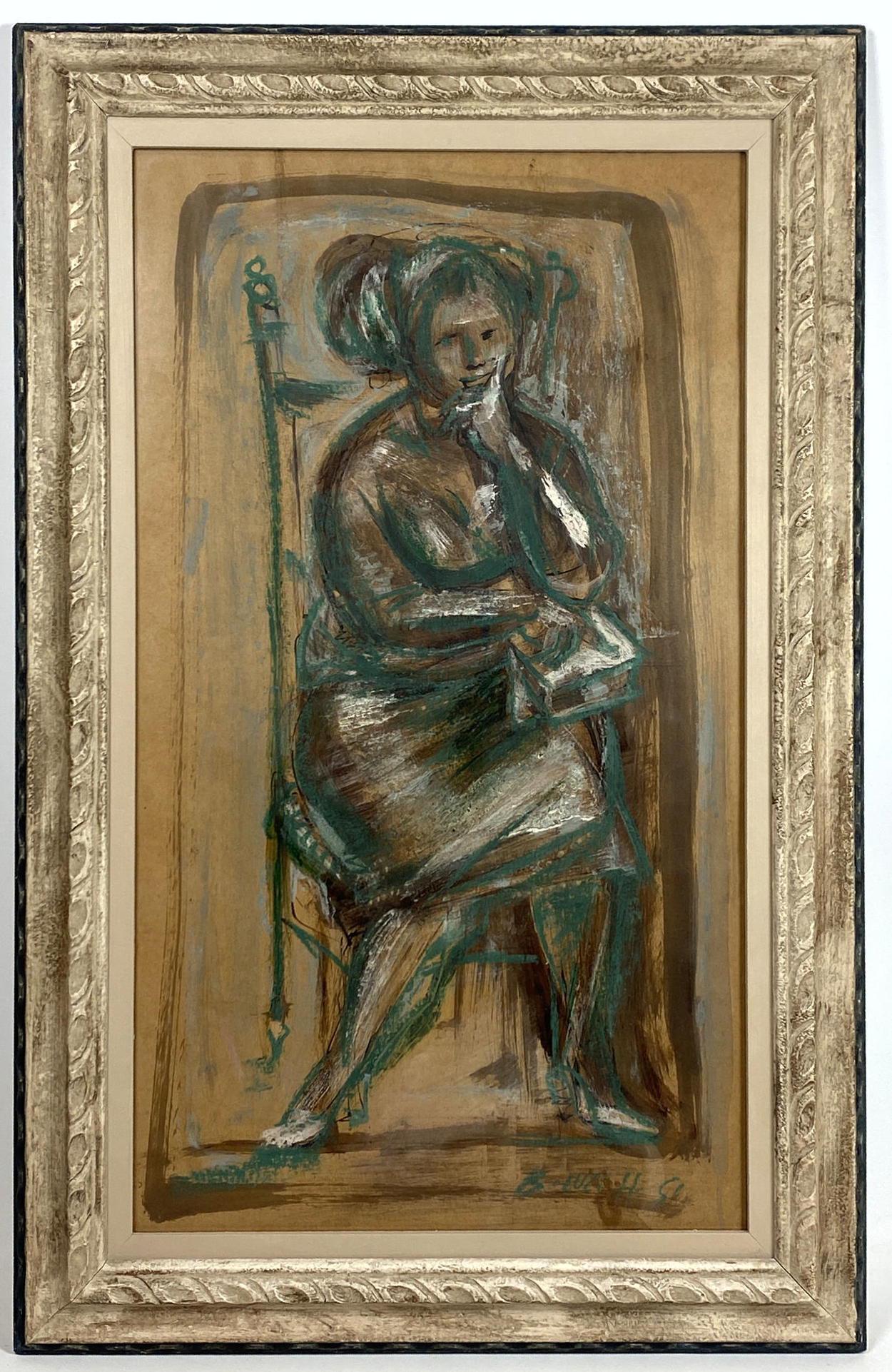 BRUNO LUCCHESI Signed Modernist Portrait Painting on Pa: BRUNO LUCCHESI Signed Modernist Portrait Painting on Paper. Seated woman in green pastel and ink wash. Signed B. Lucchesi on lower right. -- Dimensions: H: 28.5 inches: W: 16 inches ---