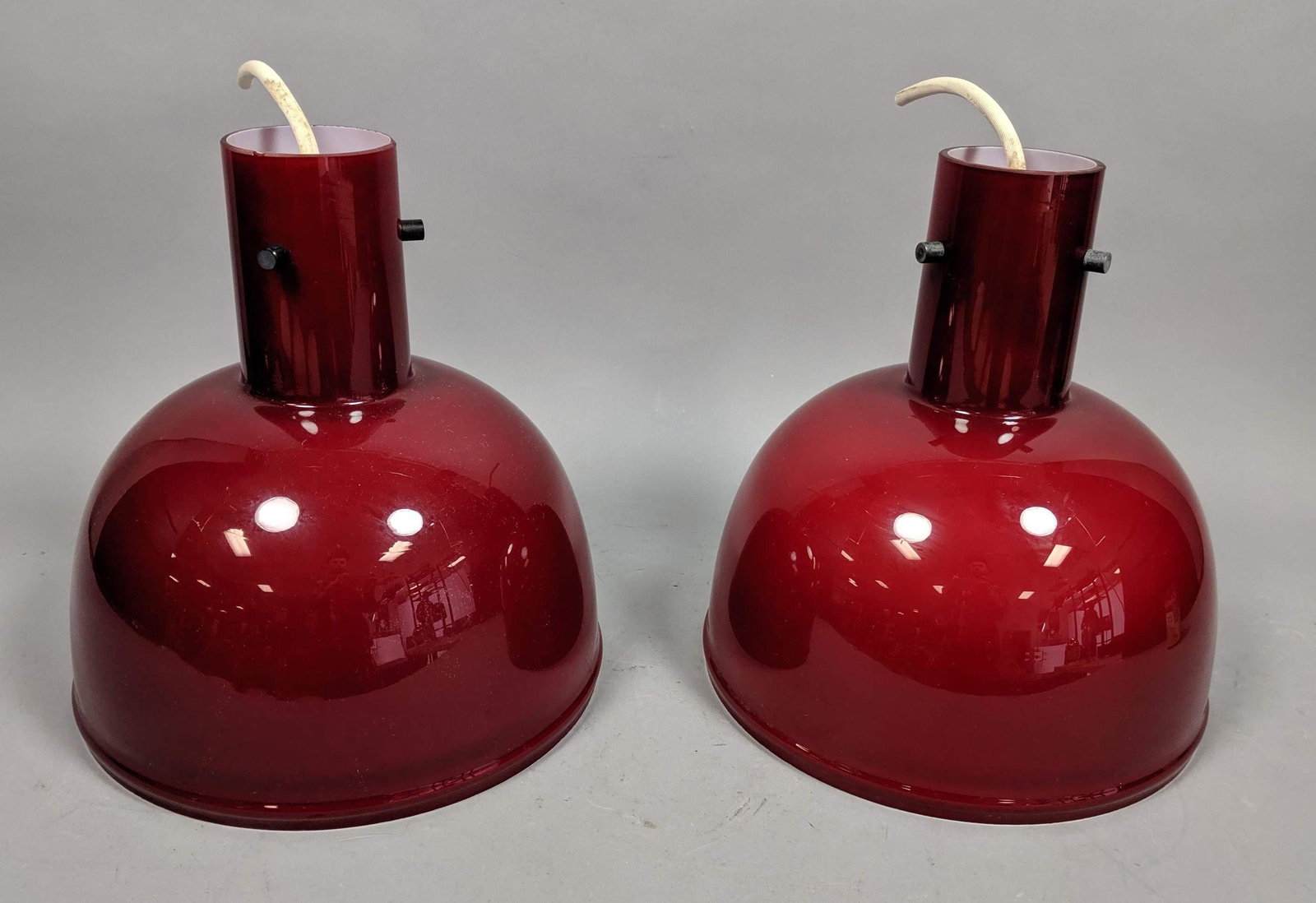 Pr Vintage Modern Burgundy Glass Modernist Hanging Pend: Pr Vintage Modern Burgundy Glass Modernist Hanging Pendant Lights. Not marked. Probably Italian. -- Dimensions: H: 12 inches: W: 10 inches: D: 10 inches ---