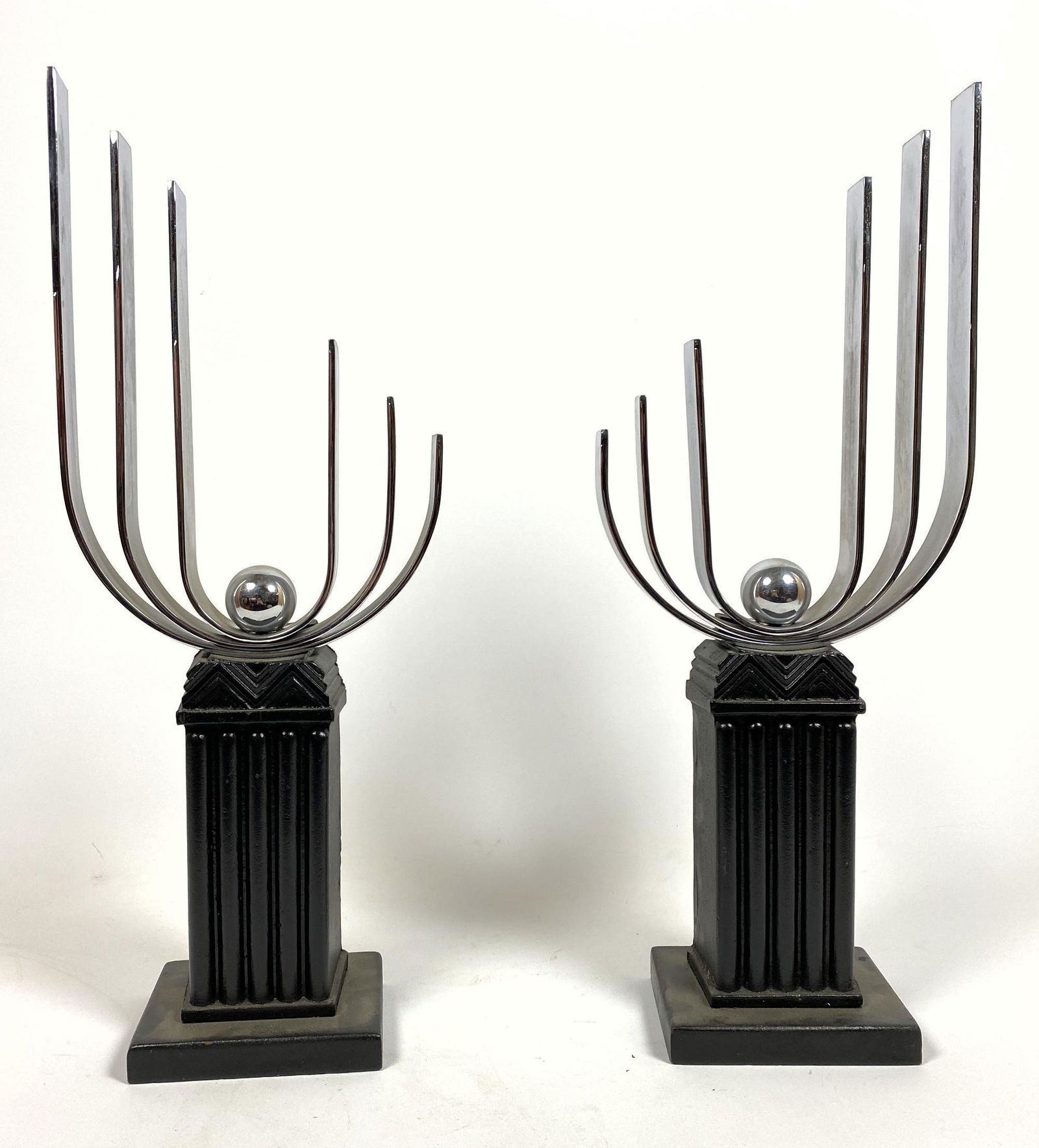 Pr Chrome & Black Iron Art Deco style Andiron. Three cu (1 of 11)