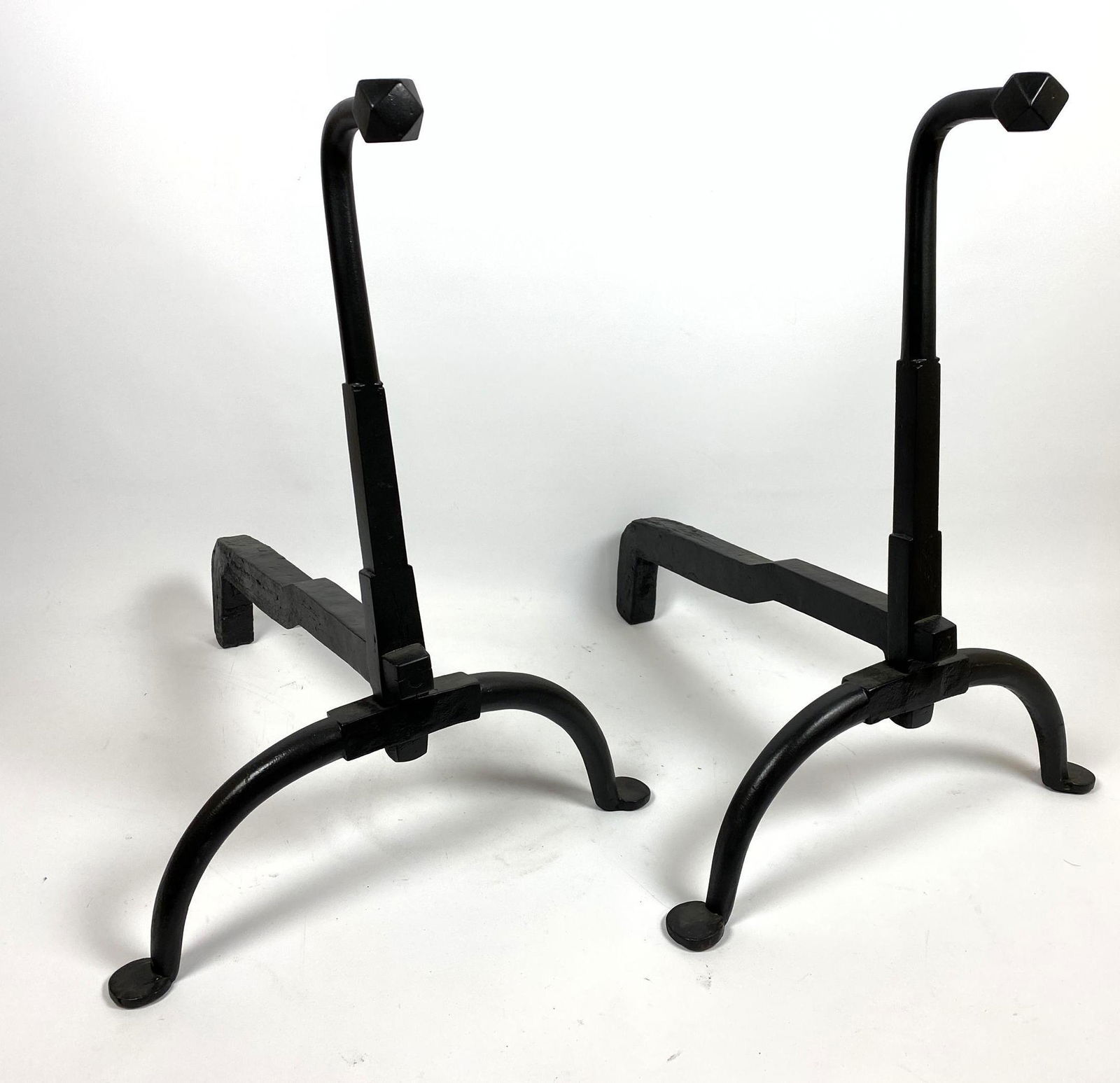 Pr Modernist Iron Andirons. Tall figural forms with mul (1 of 10)