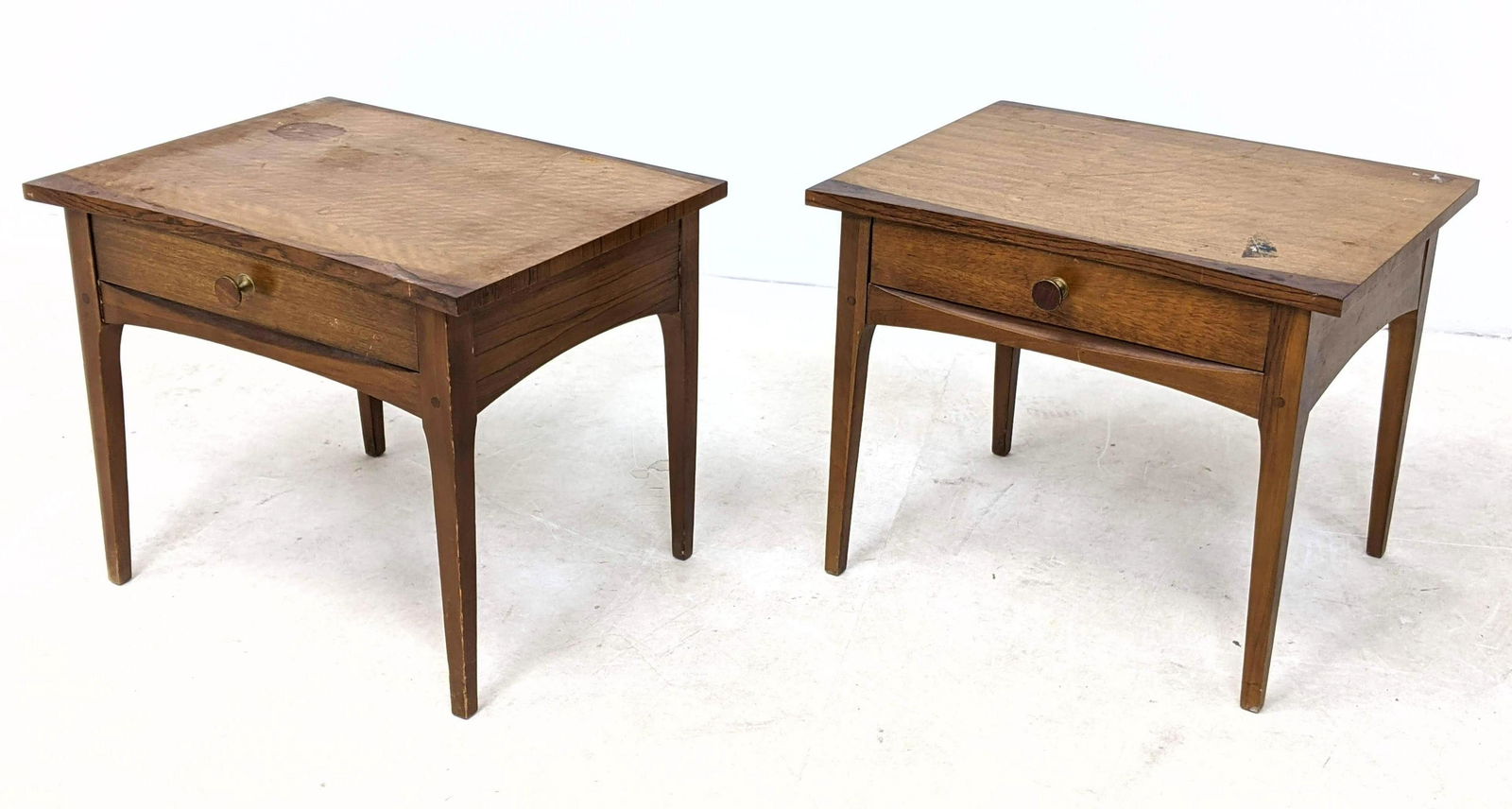 Pr LANE American Modern Walnut End Tables Night Stands.: Pr LANE American Modern Walnut End Tables Night Stands. One drawer. Marked.-- Dimensions: H: 21 inches: W: 26 inches: D: 20 inches ---