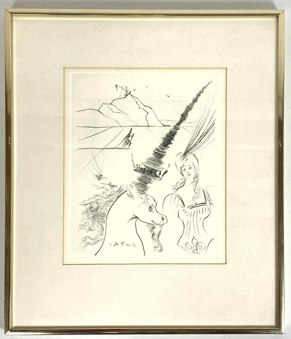 Salvador Dali style Etching of Woman & Unicorn.  Signed (1 of 10)