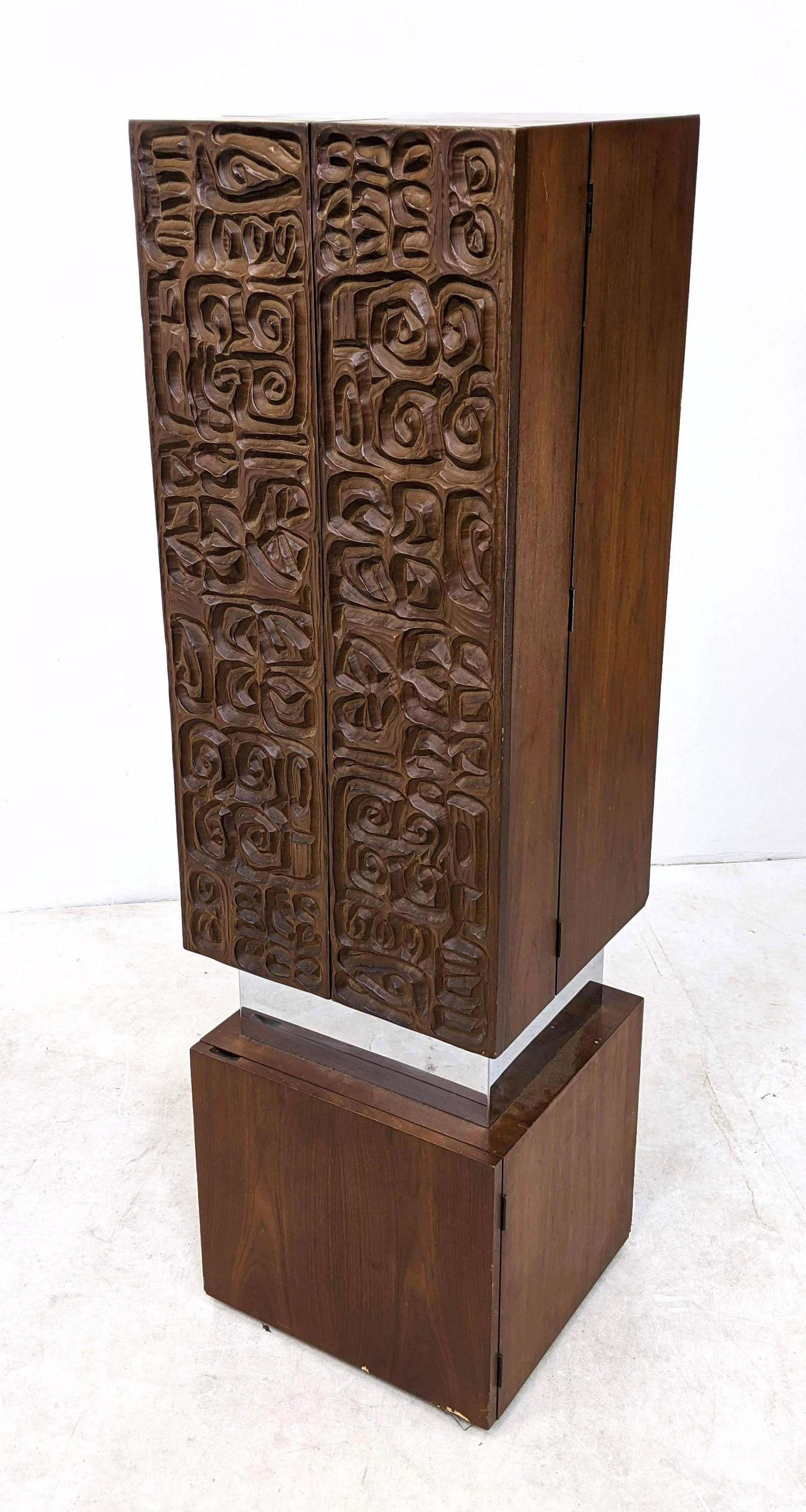 Walnut 2 Door Bar Cabinet. Modernist sculptural relief (1 of 8)