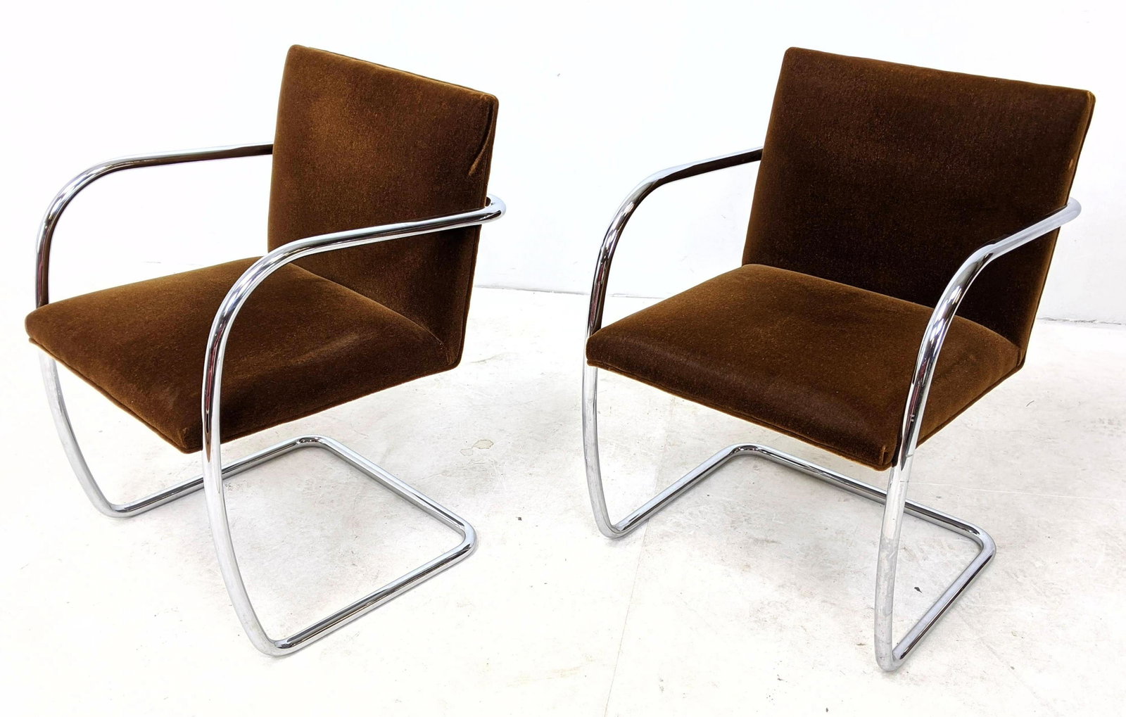 Pr MIES VAN DER ROHE BRNO Chairs for KNOLL. Brown short: Pr MIES VAN DER ROHE BRNO Chairs for KNOLL. Brown short pile velvet. Marked.-- Dimensions: H: 32 inches: W: 22 inches: D: 30024 inches ---