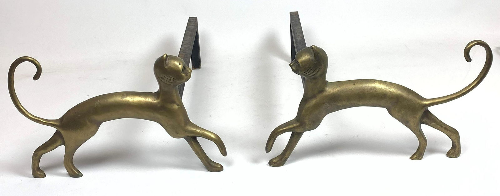 Pr Brass Stylized Figural Cat Andirons. (1 of 9)