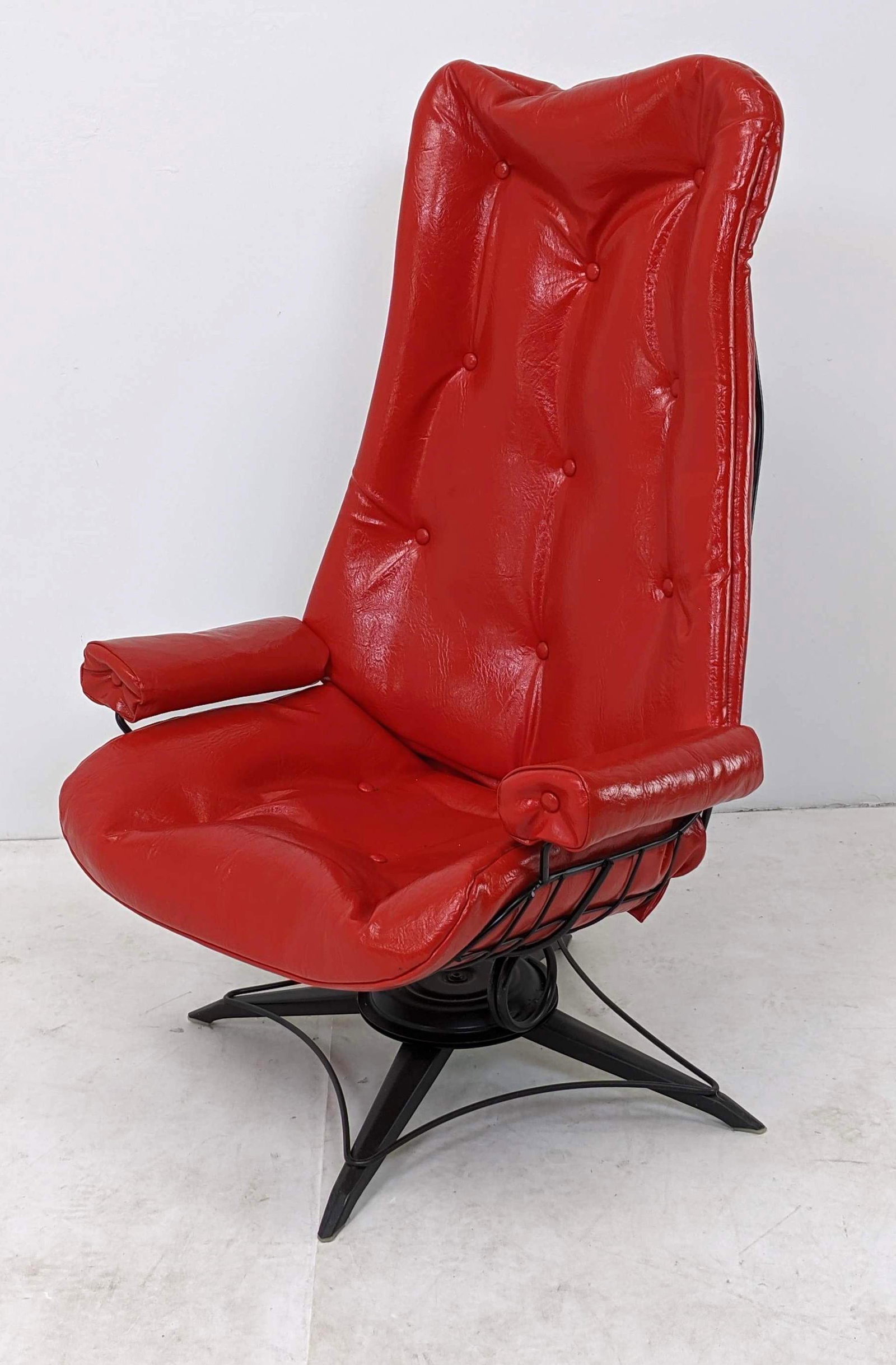 Modernist Red Vinyl Wire Frame Rocking Lounge Chair.: Modernist Red Vinyl Wire Frame Rocking Lounge Chair.-- Dimensions: H: 45.5 inches: W: 31 inches: D: 31 inches ---