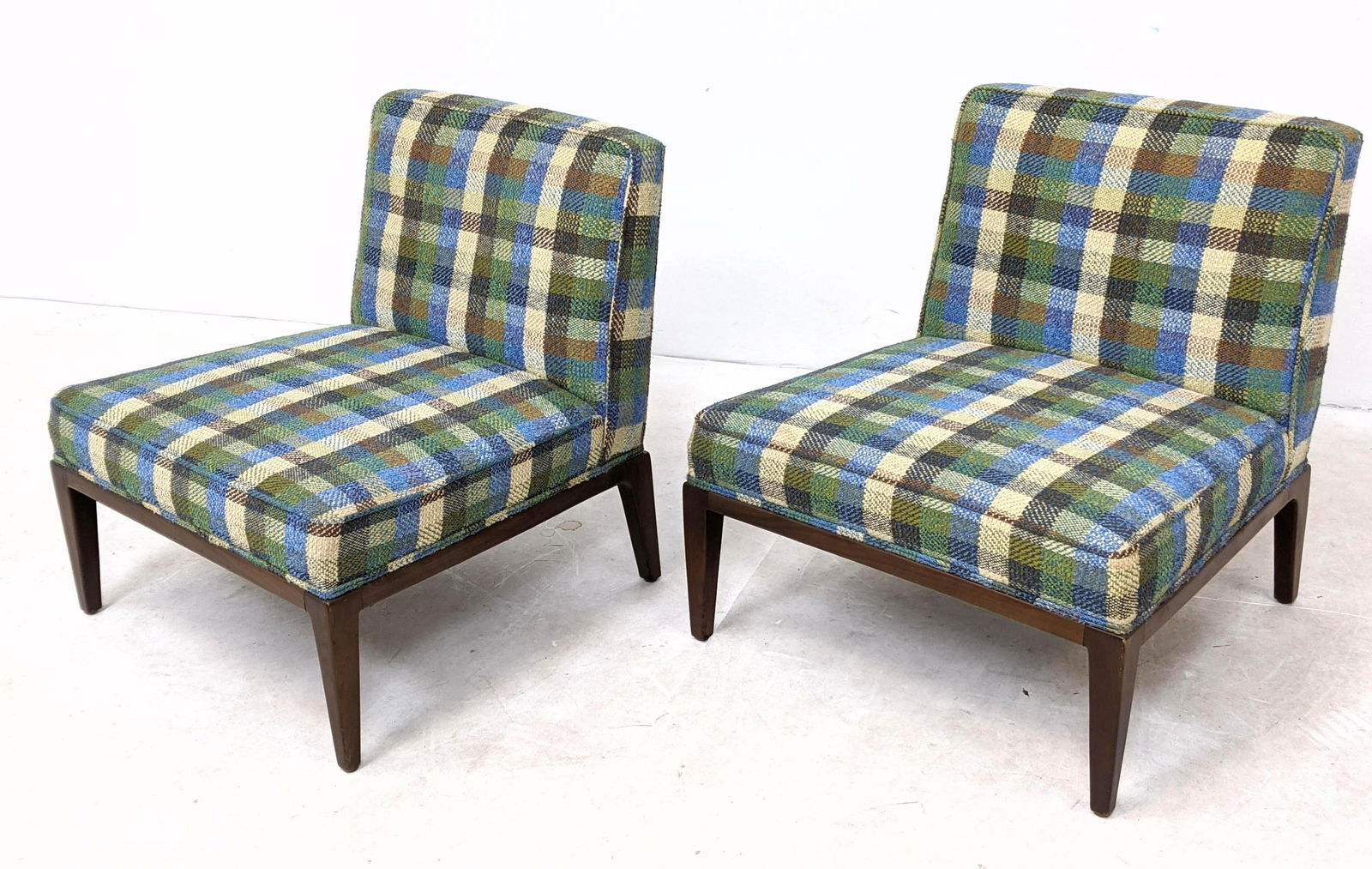 Pr Paul McCobb Style Walnut Plaid Slipper Chairs. Green (1 of 9)