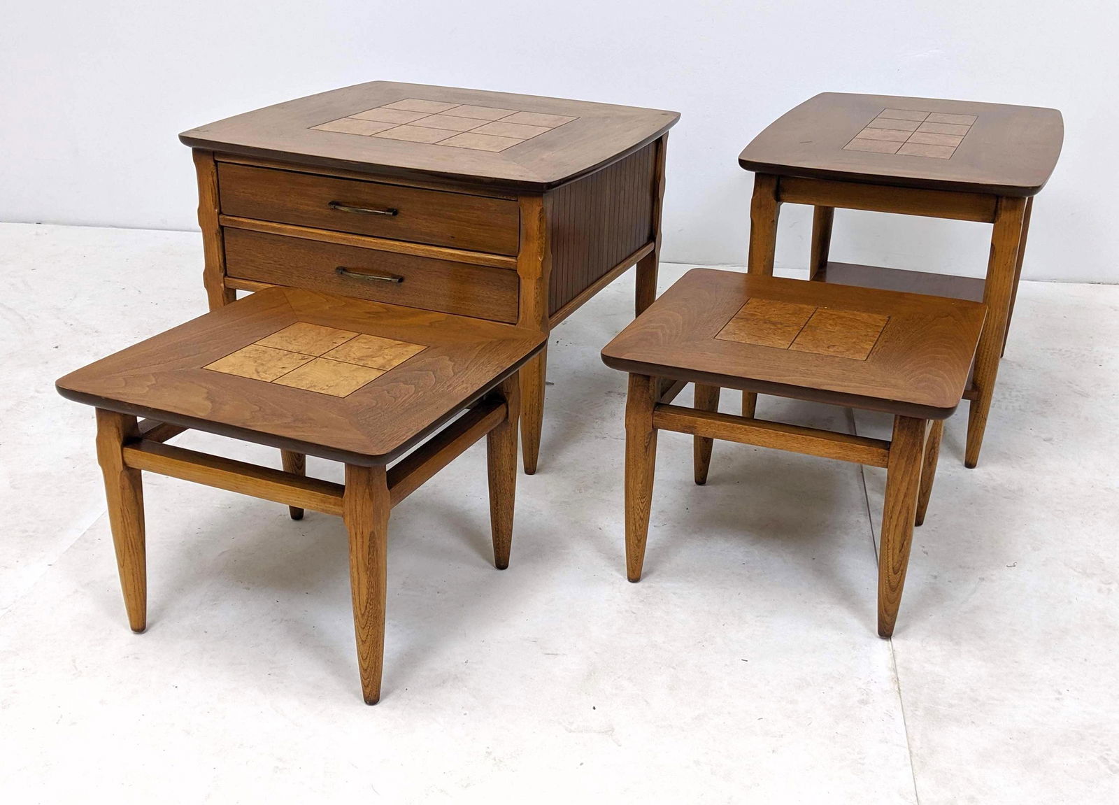 4pc LANE Side End Tables. Inlaid burl wood details. Mar (1 of 16)