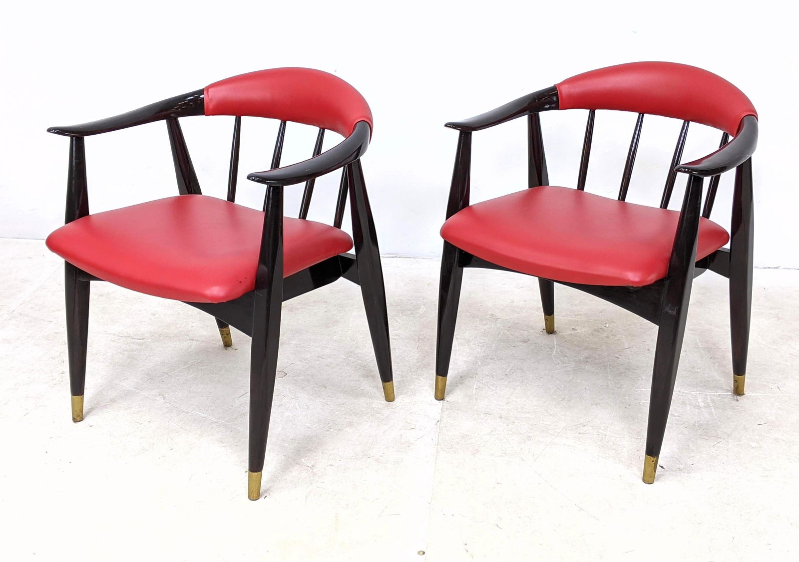 Pr Red Vinyl Wishbone Style Arm Lounge Chairs. Brass ca (1 of 13)
