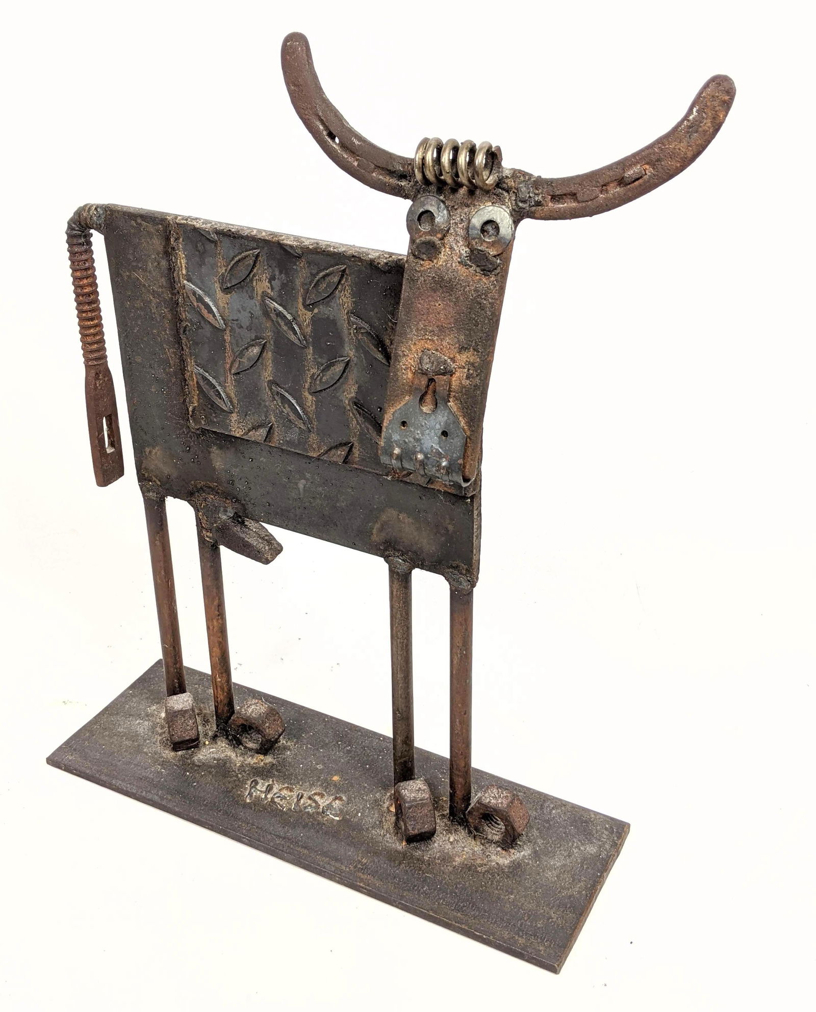 Signed HEISE Welded Metal Bull Table Sculpture. BILL HE: Signed HEISE Welded Metal Bull Table Sculpture. BILL HEISE.-- Dimensions: H: 16 inches: W: 12 inches: D: 4 inches ---