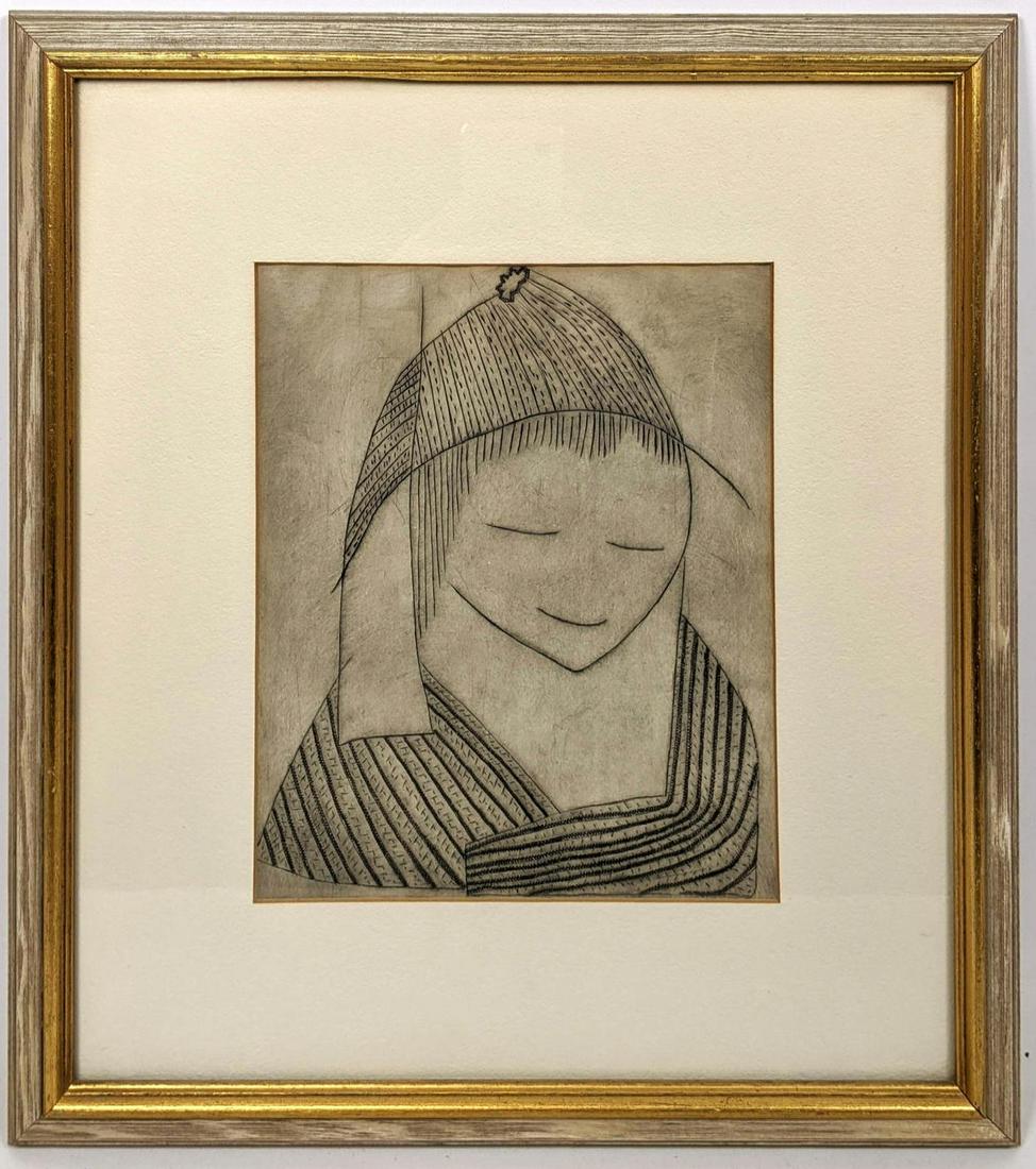 Modernist Portrait Intaglio Print. Smiling figure.: Modernist Portrait Intaglio Print. Smiling figure.-- Dimensions: Image Size: H: 8.5 inches: W: 7 inches ---