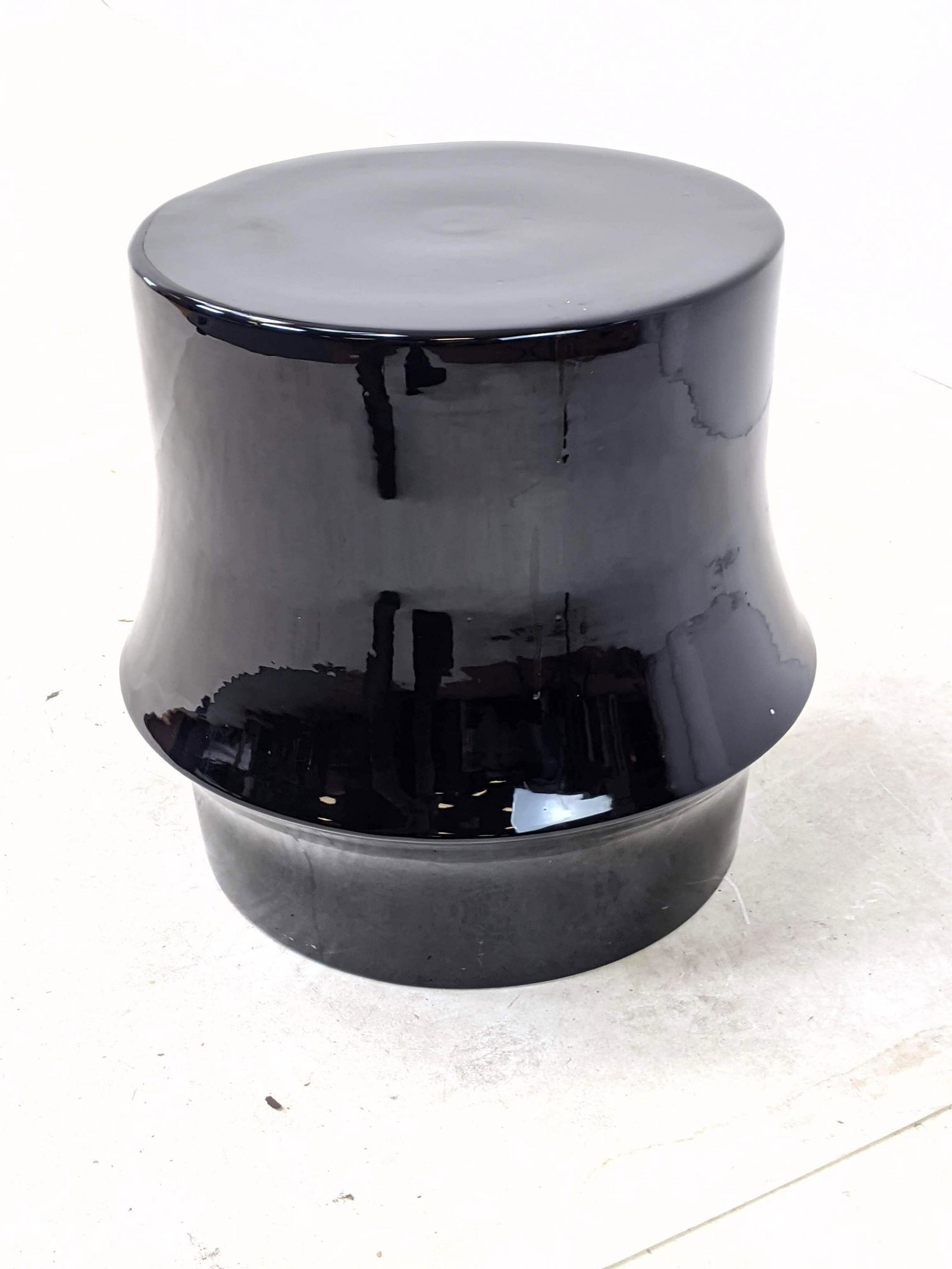 Black Glaze Modernist Pottery Stool with ridge design.: Black Glaze Modernist Pottery Stool with ridge design.-- Dimensions: H: 18.5 inches: W: 18 inches: D: 18 inches ---
