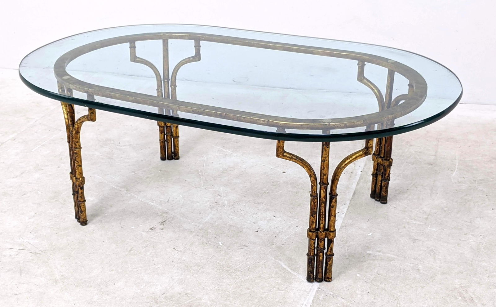 Gilt Iron Faux Rattan Bamboo Oval Coffee Cocktail Table (1 of 7)