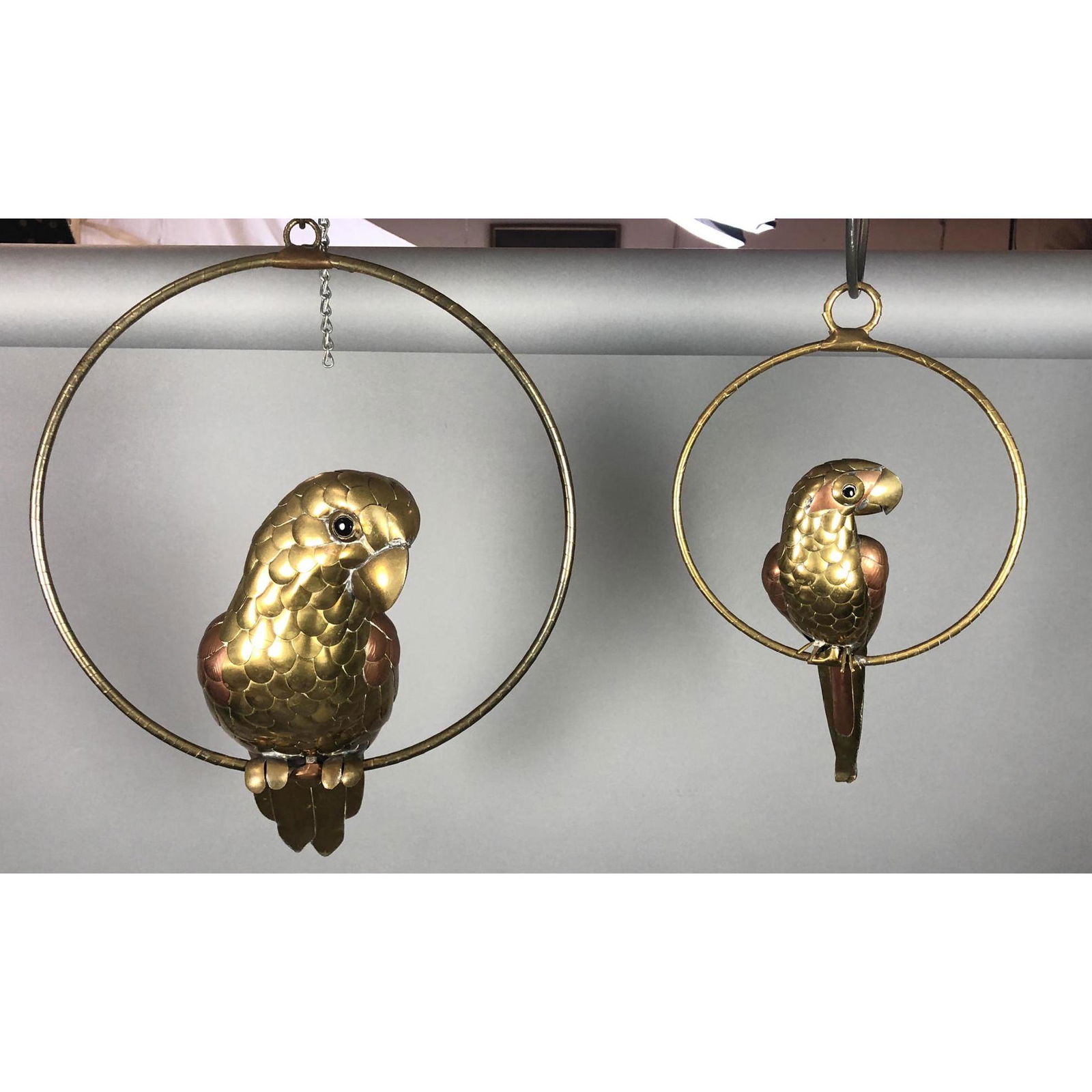 2pc Brass Copper Figural Parrot Hanging Sculptures. Ser (1 of 6)