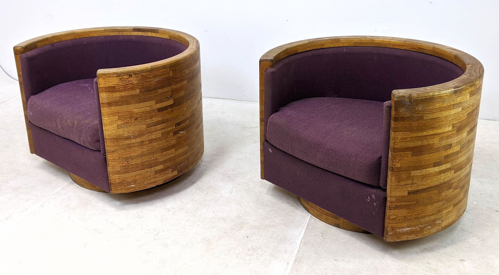 Pr Heavy Wooden Barrel Back Swivel Lounge Chairs. Purpl (1 of 18)