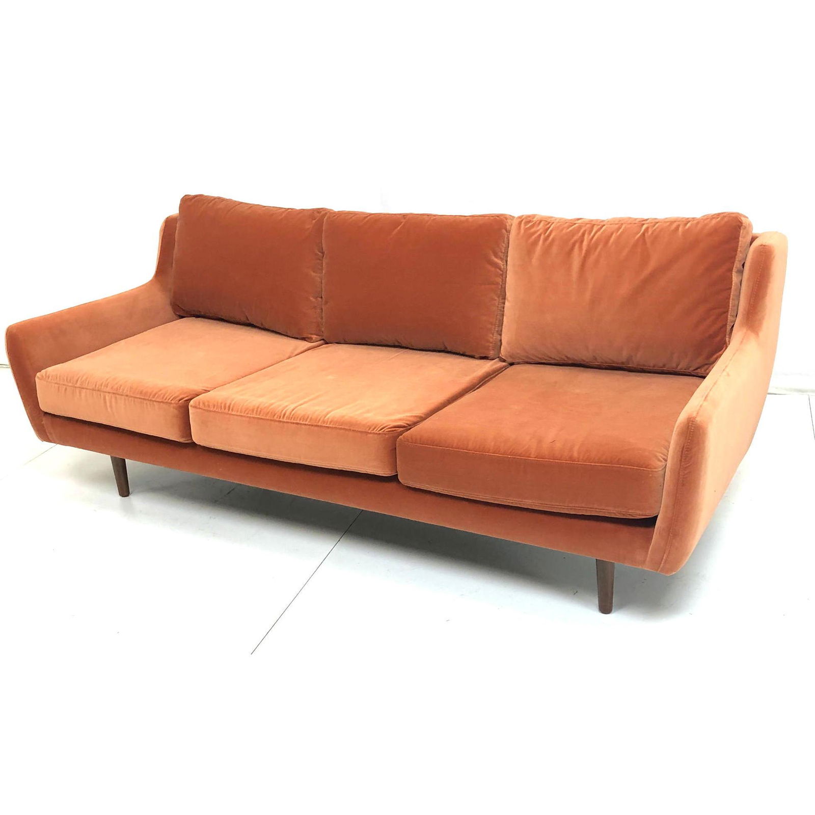 Modernist Style Brushed Coral Velvet Sofa Couch. Shaped (1 of 11)
