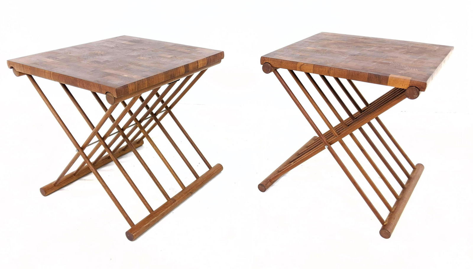 Pr Danish Modern Teak Folding X Base Side End Tables. R (1 of 9)