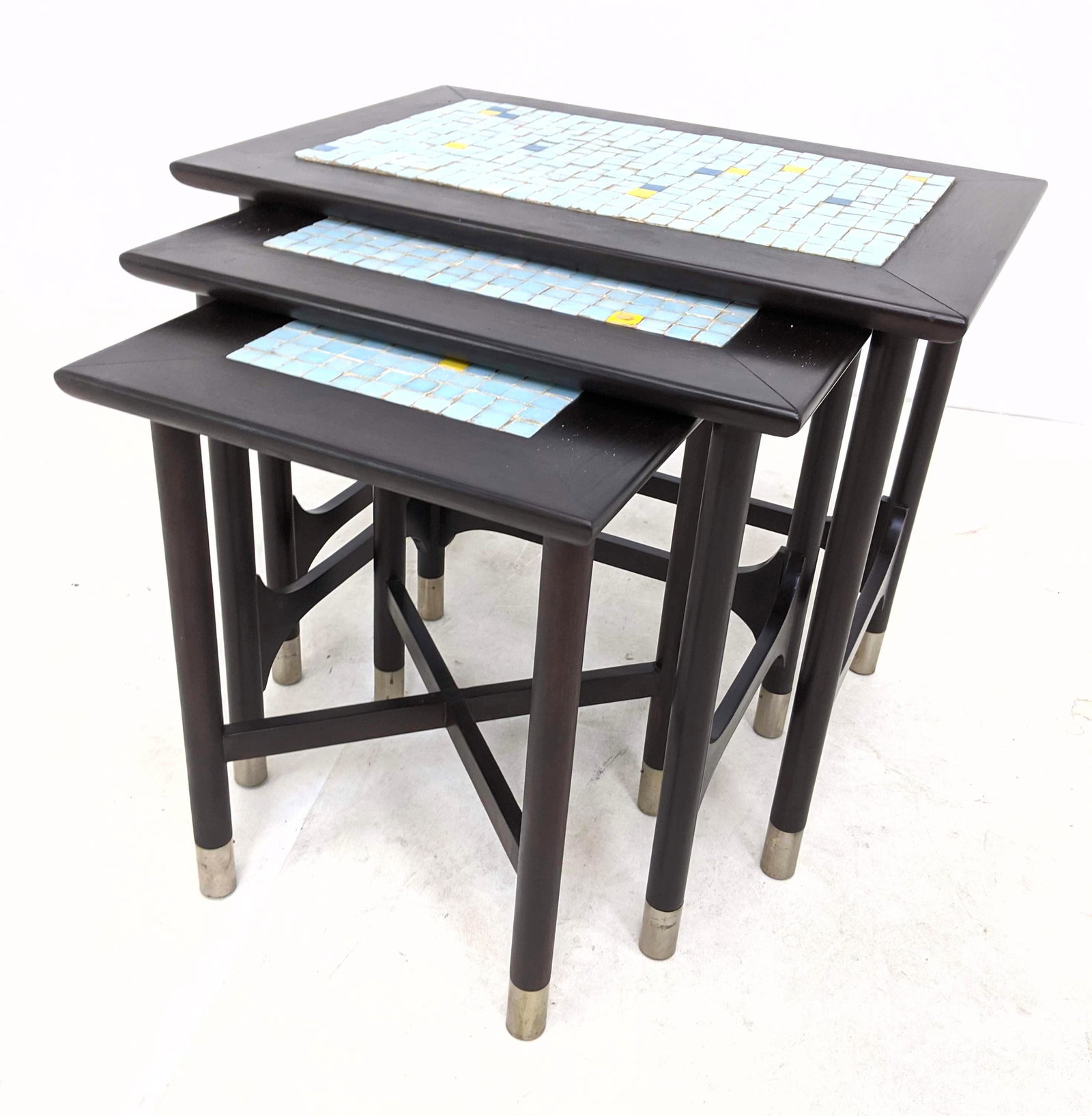 3pc WEIMAN Ebonized Glass Tile Top Nesting Tables. Alum (1 of 9)