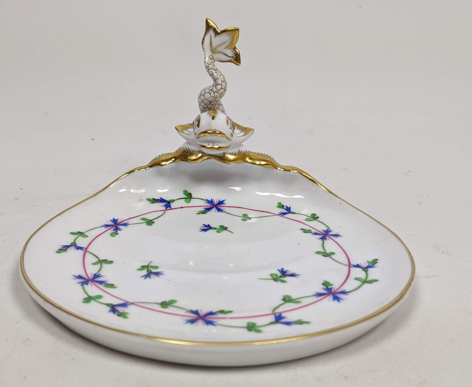 HEREND Hungary Small Dolphin Dish. Blue and pink flower (1 of 8)