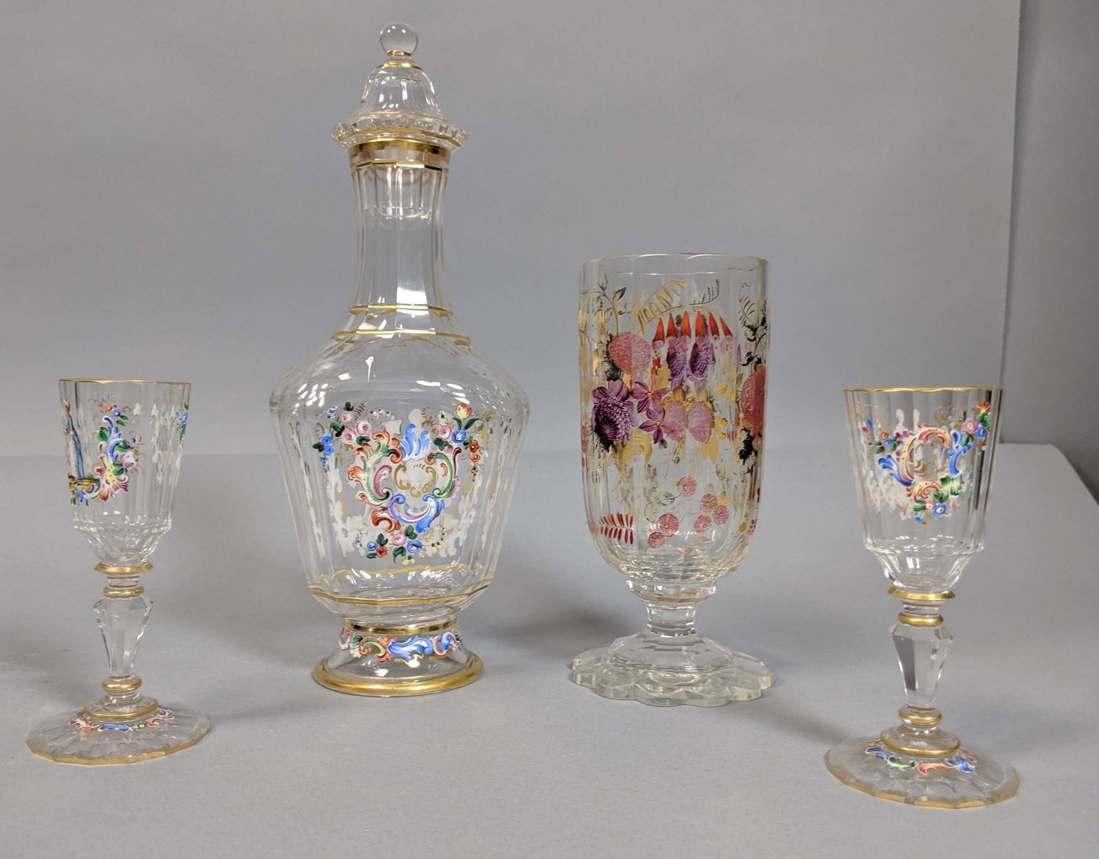 4pc Antique Enamel Painted Glass Drink Set. 3pc decante (1 of 17)