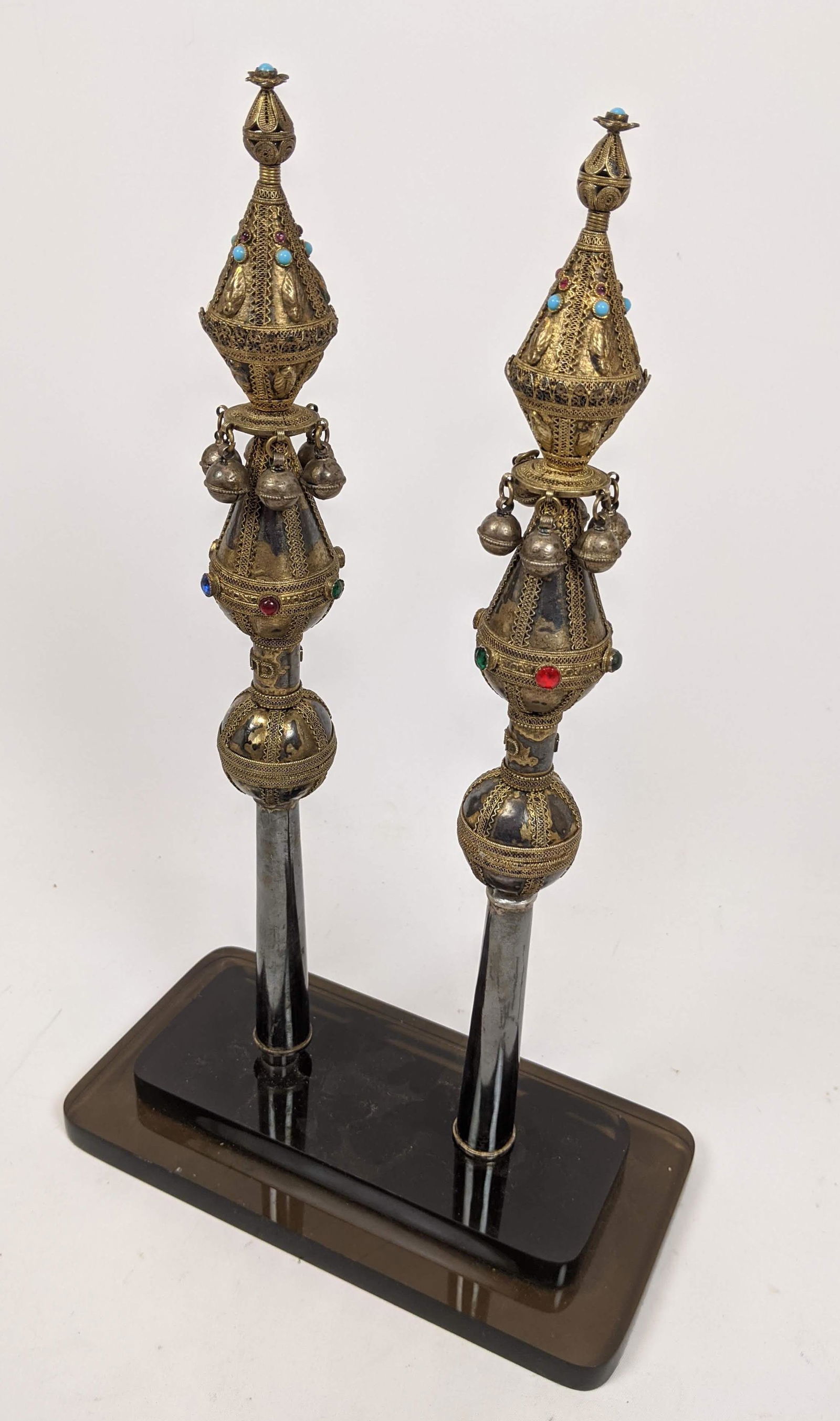 Pr Silver Tribal Jeweled Scepters with Bells. Judaica. (1 of 13)