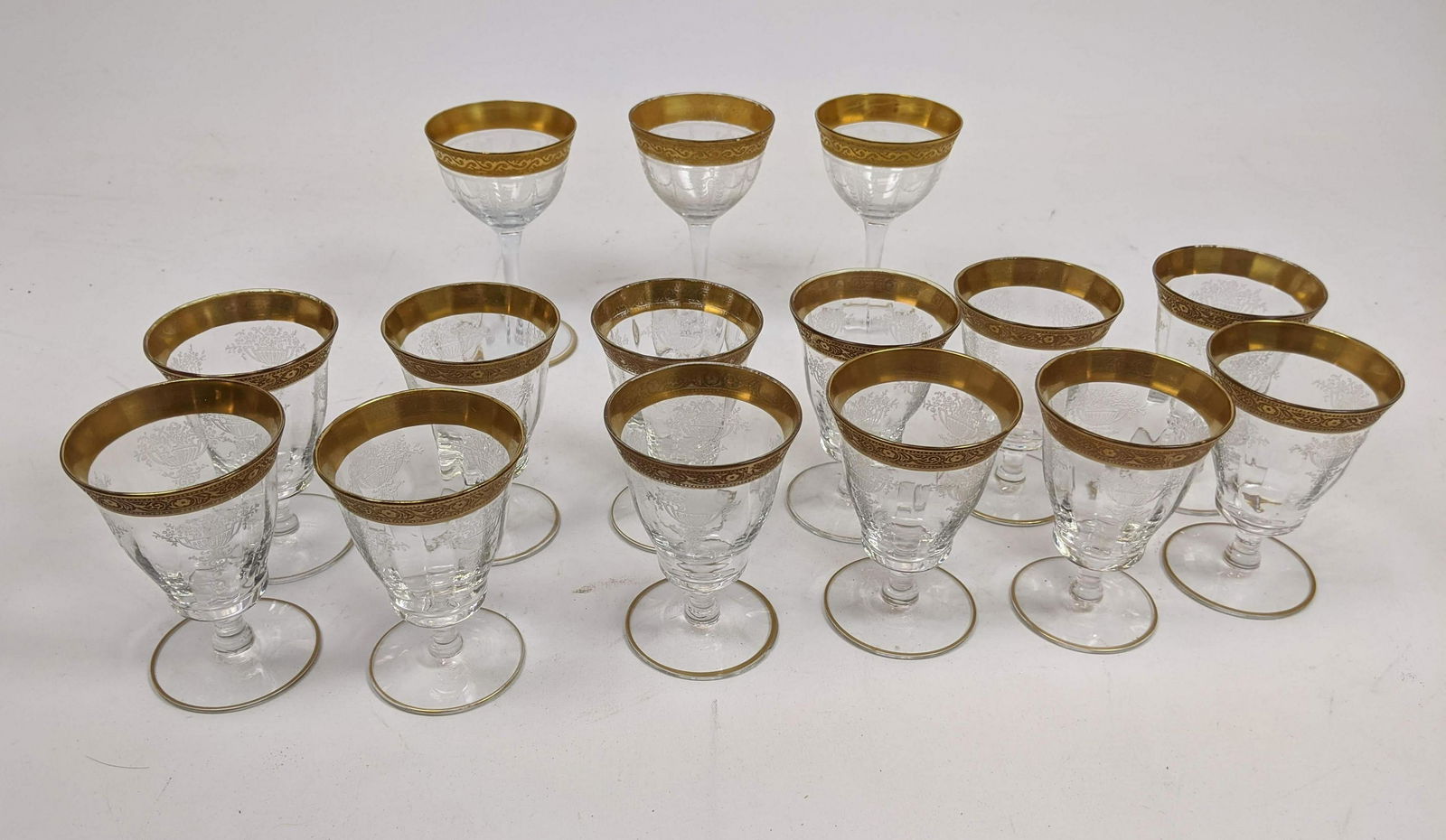 15pc Vintage Gold Rim Crystal Stemware. Cordial glasses (1 of 13)