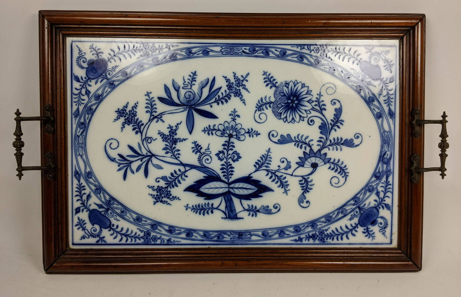 Large Blue and White Ceramic DELFT Serving Tray. Wood o (1 of 9)